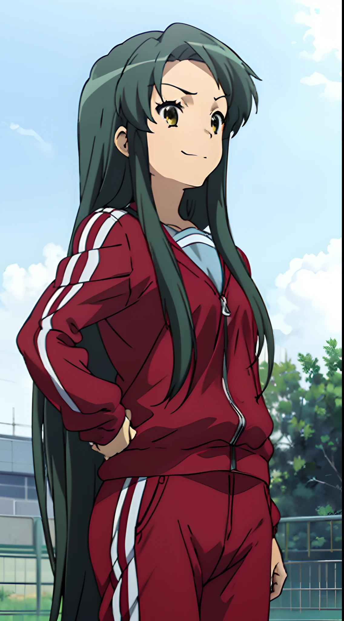 kyoani style, anime style, masterpiece, best quality, tsuruya, (track suit), (1 girl), standing girl, (smiling girl), (solo), upper body angle, (finger pointing), summer sunny background, schoolyard background, best weather, clouds, blue clear sky, beautiful background, sand ground