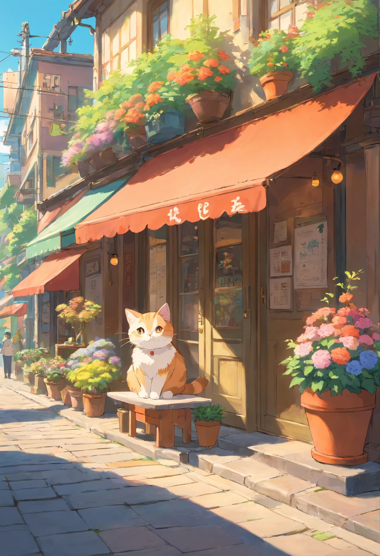A round-eyed cute cat, Outside the coffee shop, coffee table, flower pots, streetview.