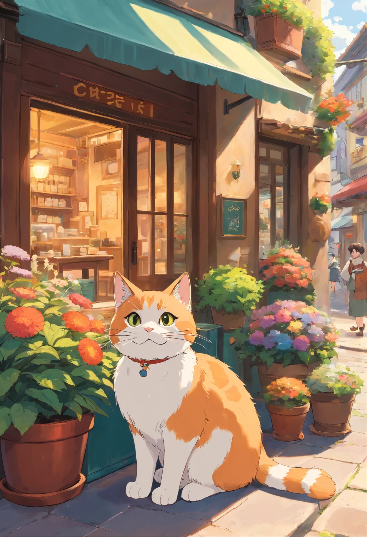 A round-eyed cute cat, Outside the coffee shop, coffee table, flower pots, streetview.