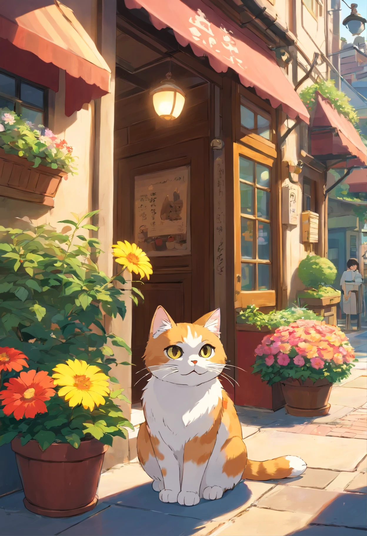 A round-eyed cute cat, Outside the coffee shop, coffee table, flower pots, streetview.