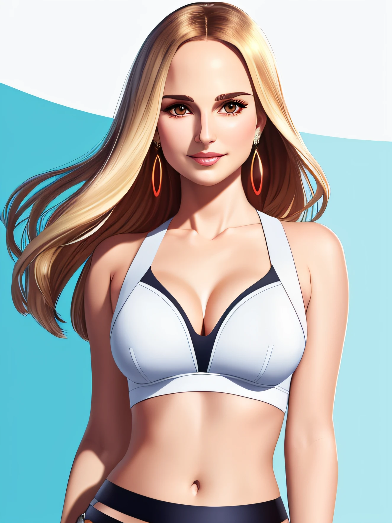 uo,flat vector art, ABBA singer,woman, beautiful anime style woman,Natalie Portman,smiling,centered upper bodyBlonde flat color, wide angle, clean detailed faces, intracate clothing, analogous colors, glowing shadows, beautiful gradient, depth of field, clean image, high quality, high detail, high definition, Luminous Studio graphics engine, cute face, slim waist, nice hips,