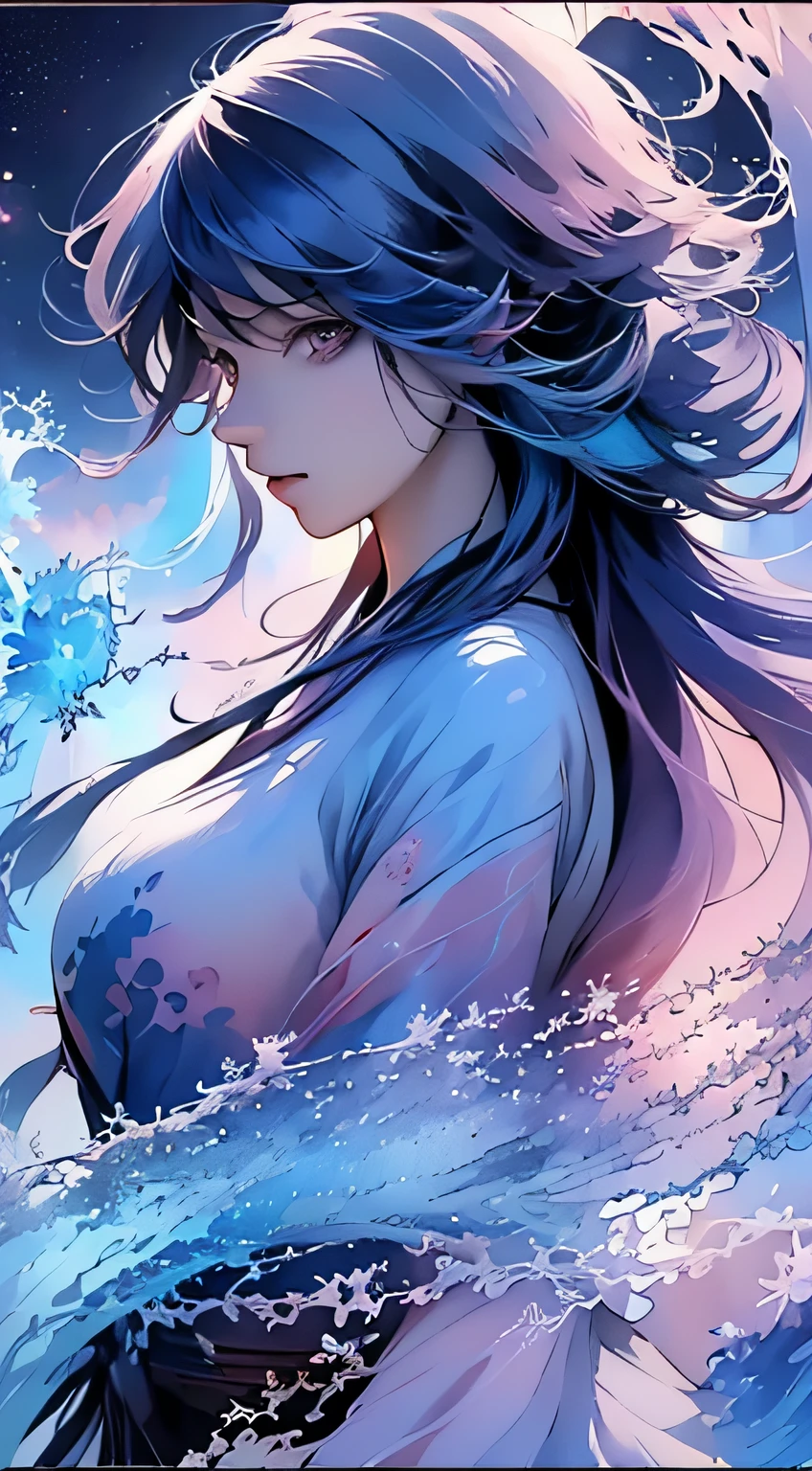 (masterpiece, top quality, best quality,watercolor (medium),official art, beautiful and aesthetic:1.2),(1girl:1.3), (fractal art:1.3),upper body, from side, looking at viewer,patterns,(rainbow color Hair,colorful hair,half blue and half pink hair:1.2),water,liquid, cloud,colorful, starry,stars,