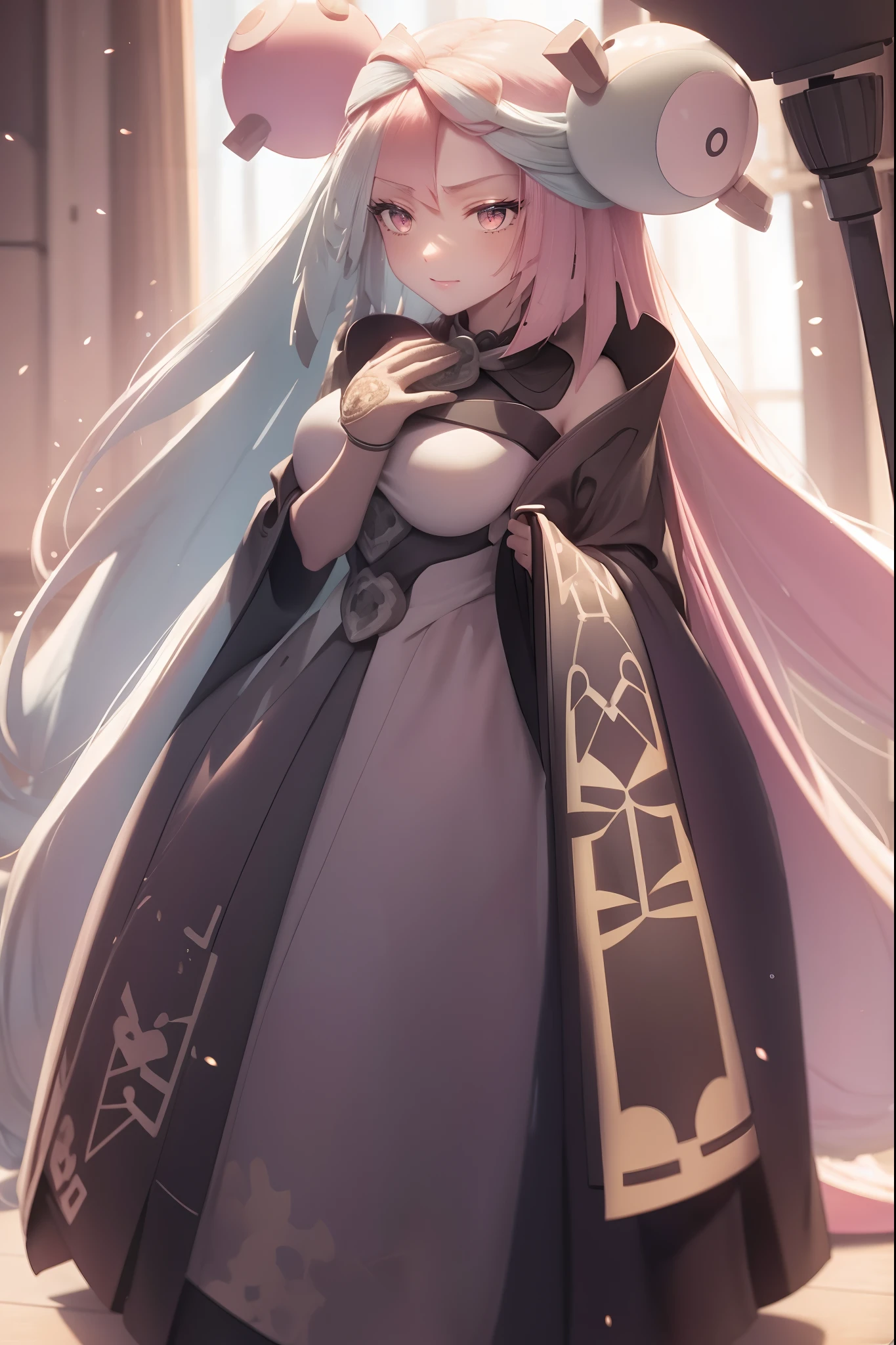 (best quality,4k,8k,highres,masterpiece:1.2),ultra-detailed,(1.37), portraits,woman with pink eyes and a captivating smile, dressed as a medieval priestess with intricate and flowing clothing, standing indoors. She holds a staff in her hand, radiating a sense of power and wisdom. Her long skirt gracefully drapes to the ground, accentuating her regal presence. The skirt is adorned with ornate patterns and a touch of shimmering gold. As she stands tall, her figure is enhanced by a suit of elegant armor, symbolizing her strength and protection. She gazes confidently, with a hint of mystery, into the distance. Her eyes, sparkling with pink hues, captivate those who meet her gaze. Horns emerge gracefully from beneath her flowing hair, showcasing her otherworldly allure. The scene is bathed in a soft, warm light, casting a gentle glow on her ethereal presence. The background is a beautifully crafted indoor setting, featuring ancient tapestries, intricate architectural details, and soft candlelight. The overall color palette consists of delicate pastel shades, with a predominant soft pink tone. Each brushstroke in this artwork is meticulously applied, capturing every intricate detail of the woman's facial features and garments. The result is a masterpiece that exudes a sense of beauty, power, and enchantment.iono