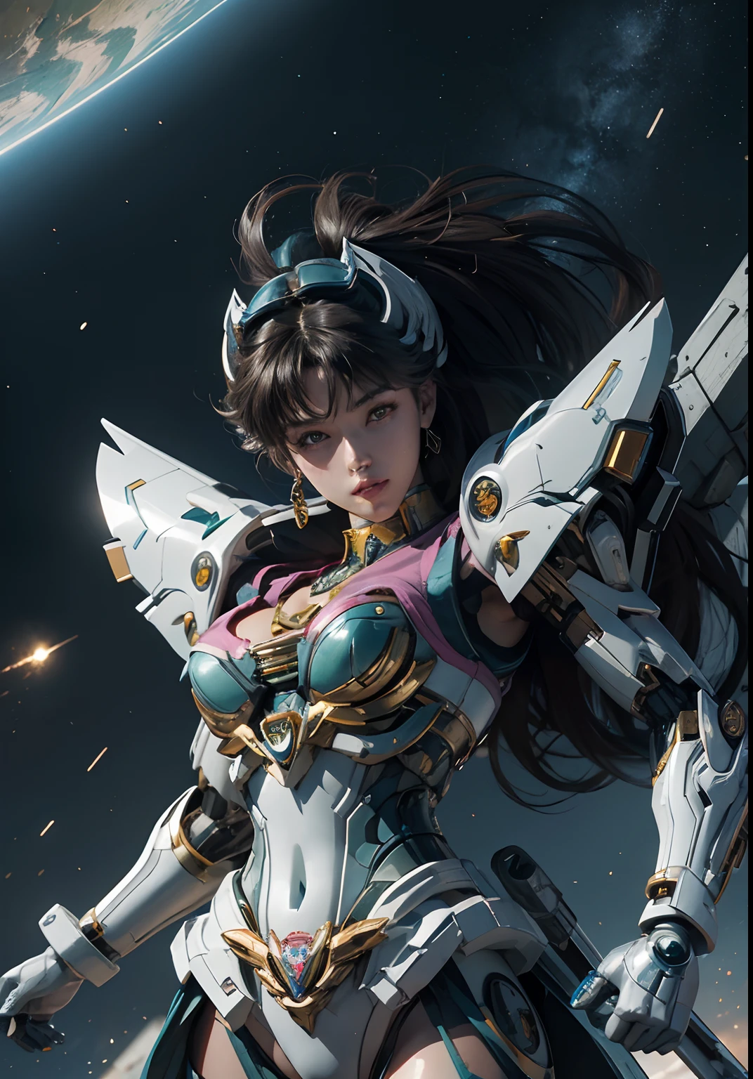 Textured skin, Super Detail, high details, High quality, Best Quality, hight resolution, 1080p, hard disk, Beautiful,(Gundam),(sailormoon),beautiful cyborg woman,Mecha Cyborg Girl,Battle Mode,Girl with a Mecha Body,She wears a futuristic Gundam mecha,Fulll body Shot