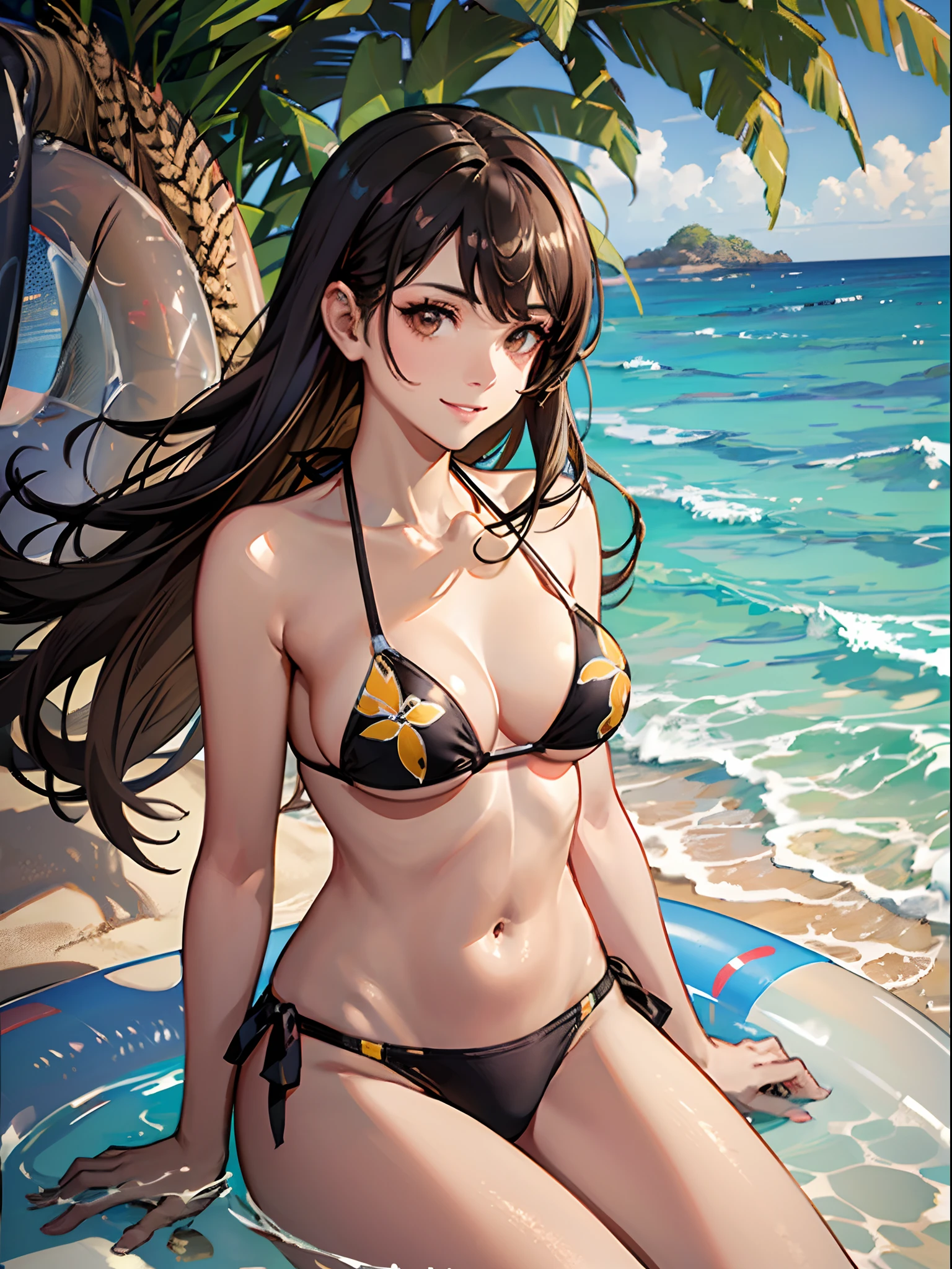 ((Finest quality)),(超A high resolution),(ultra-detailliert),(Meticulous portrayal),((Best CG)),(Finest works of art),Ultra-Precision Art,The art of astounding depiction, Tropical Sun:1.5,Tropical beaches:1.5, (1人の女性:1.5),(Tube Top Bikini:1.8)a smile,(Wheat-toned skin:1.5),skin tanned:1.5