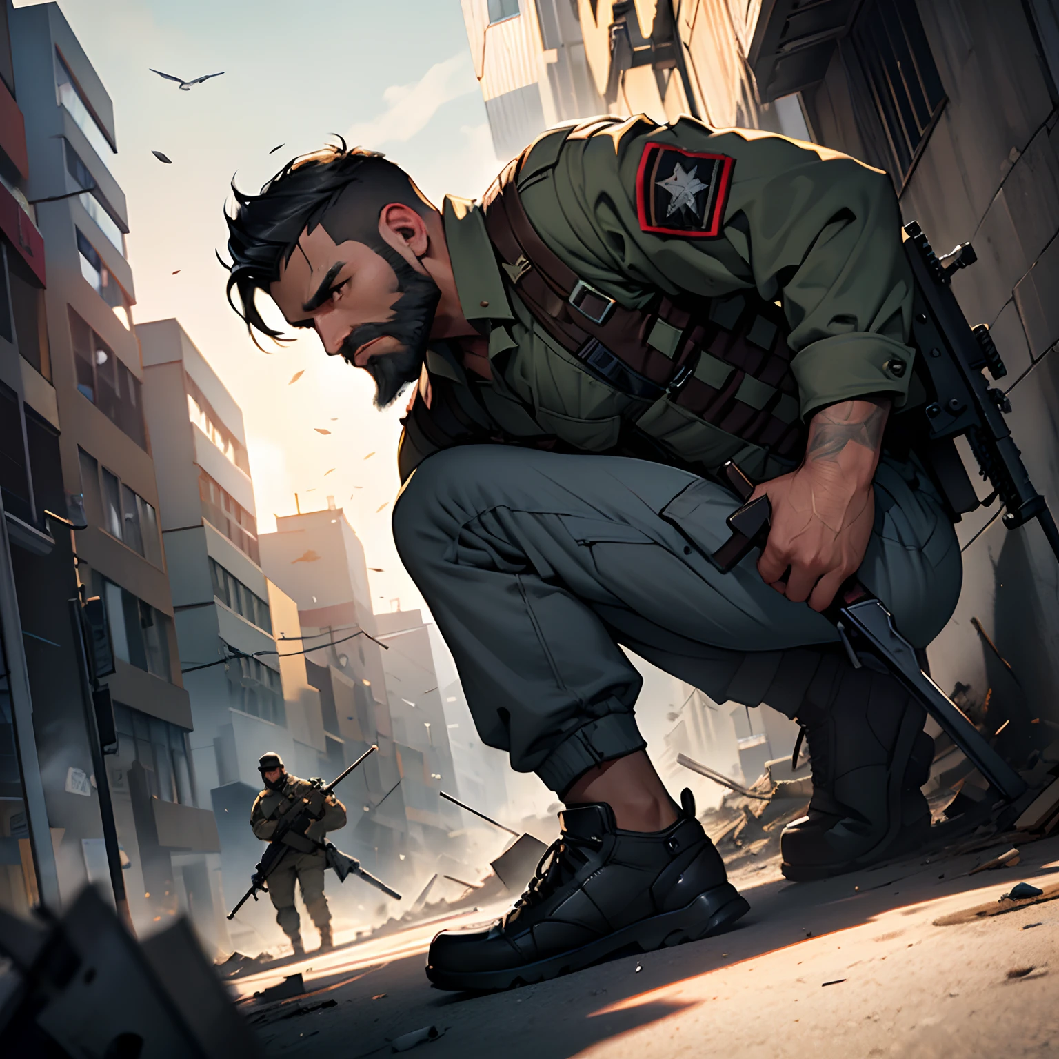 Close -up, Soldier bends his knee to the ground(black short hair,Black Eyes, beard) holding weapon, rifle, Military Clothing, Focus away, Destroyed City Center, Destroyed buildings, high-resolution, Best Quality, cinematic lighting, realistic face details,Realism, sharp focus, detailled eyes, detailed face