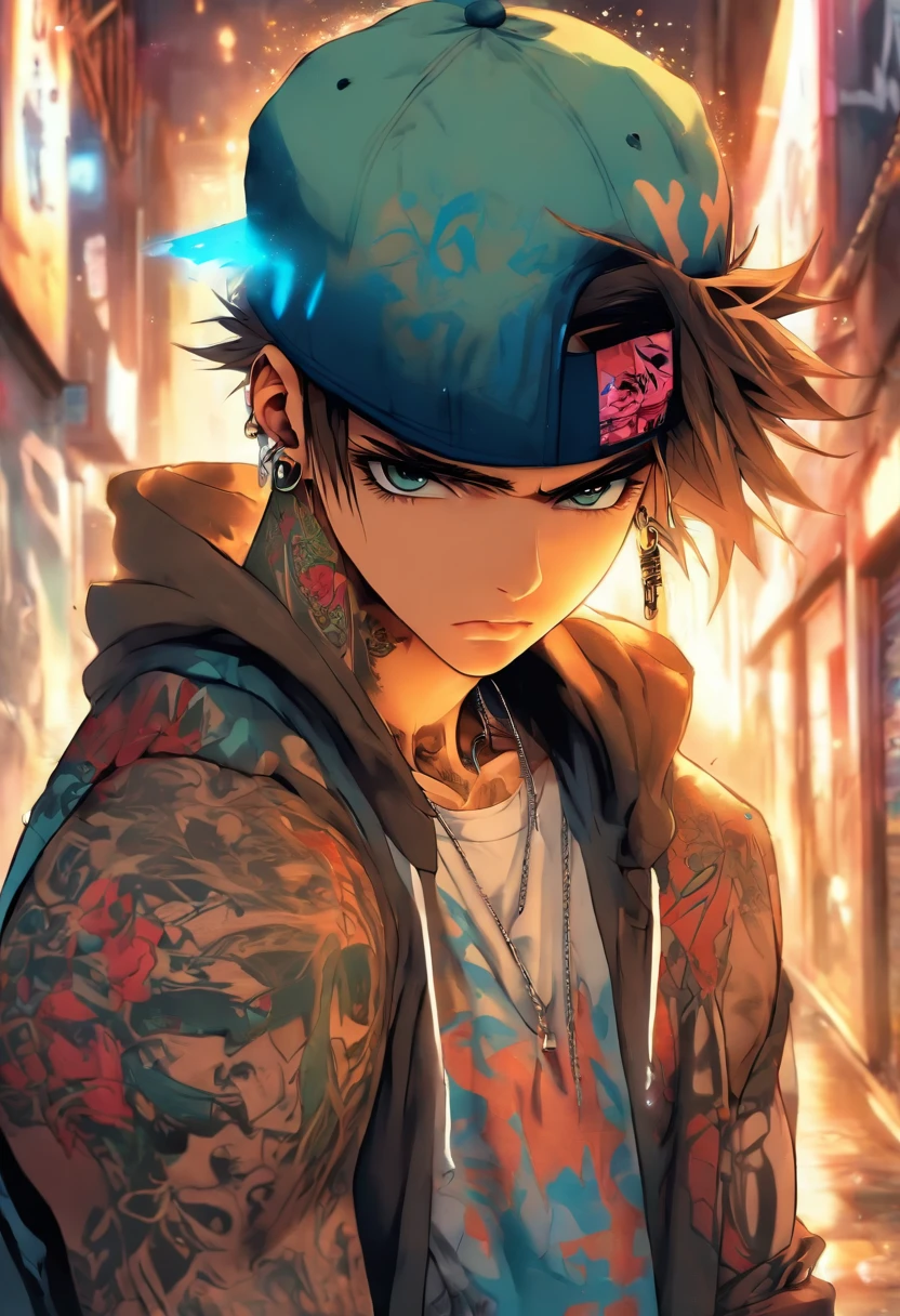 A cool and stylish boy, Brown hair, Blue hat, Wear trendy hip-hop outfits, Wearing a hoodie, Graphic T-shirt and ripped jeans, Lots of tattoos and piercings, graffiti style background, highly detailed back ground, Perfect masterpiece, High quality, high resolution