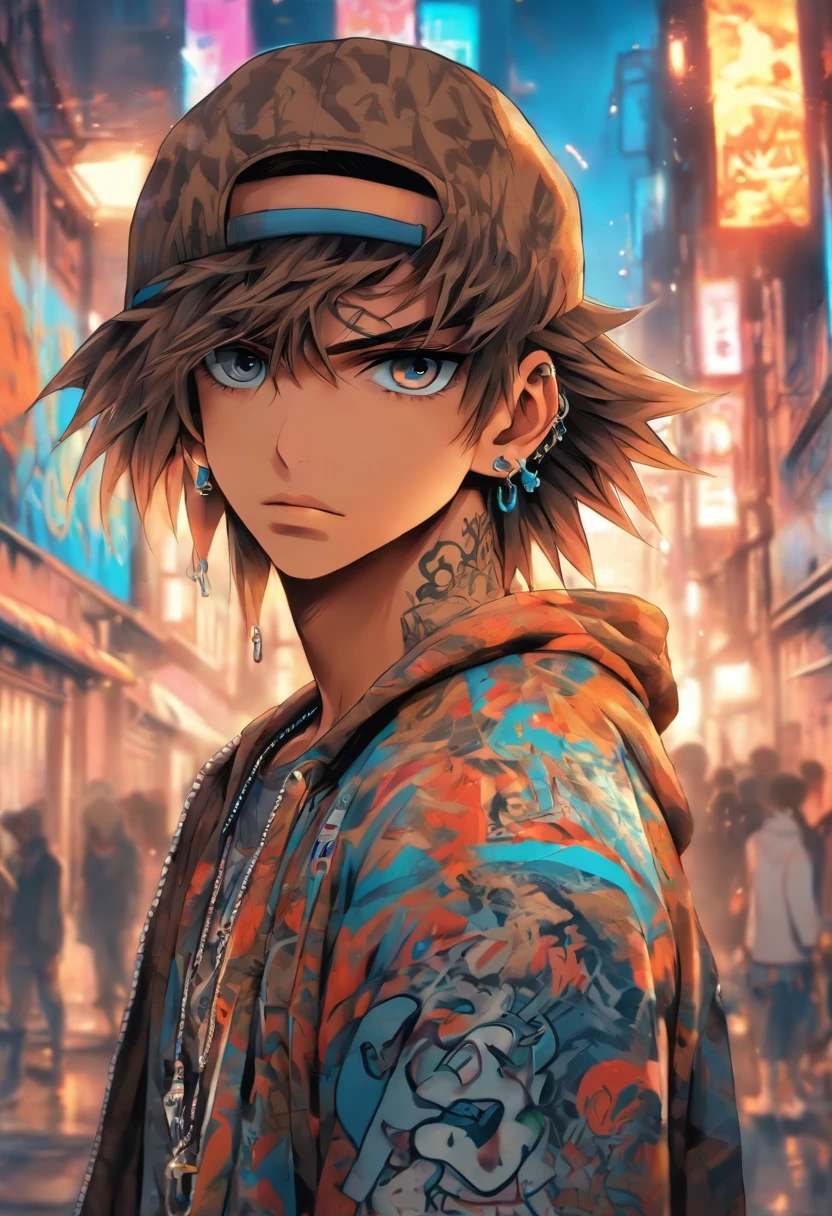 A cool and stylish boy, Brown hair, Blue hat, Wear trendy hip-hop outfits, Wearing a hoodie, Graphic T-shirt and ripped jeans, Lots of tattoos and piercings, graffiti style background, highly detailed back ground, Perfect masterpiece, High quality, high resolution