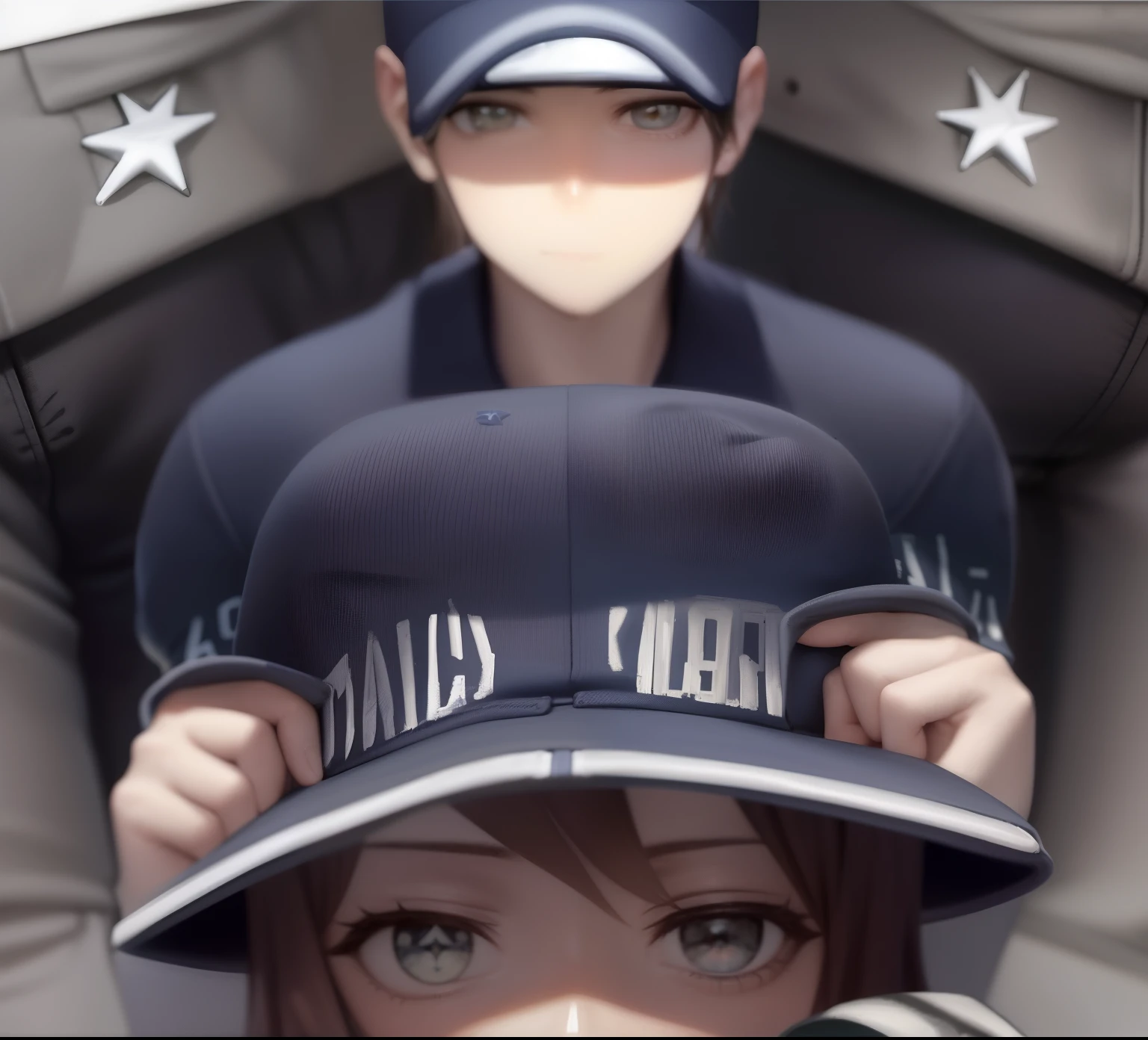 there is a baseball cap with a picture of a star on it, caps sideways, wearing a baseball cap backwards, close up details, front closeup, profile close-up view, with rap cap on head, wearing a backwards baseball cap, wearing baseball cap, wearing a navy blue utility cap, middle close up shot, not cropped, close-up view