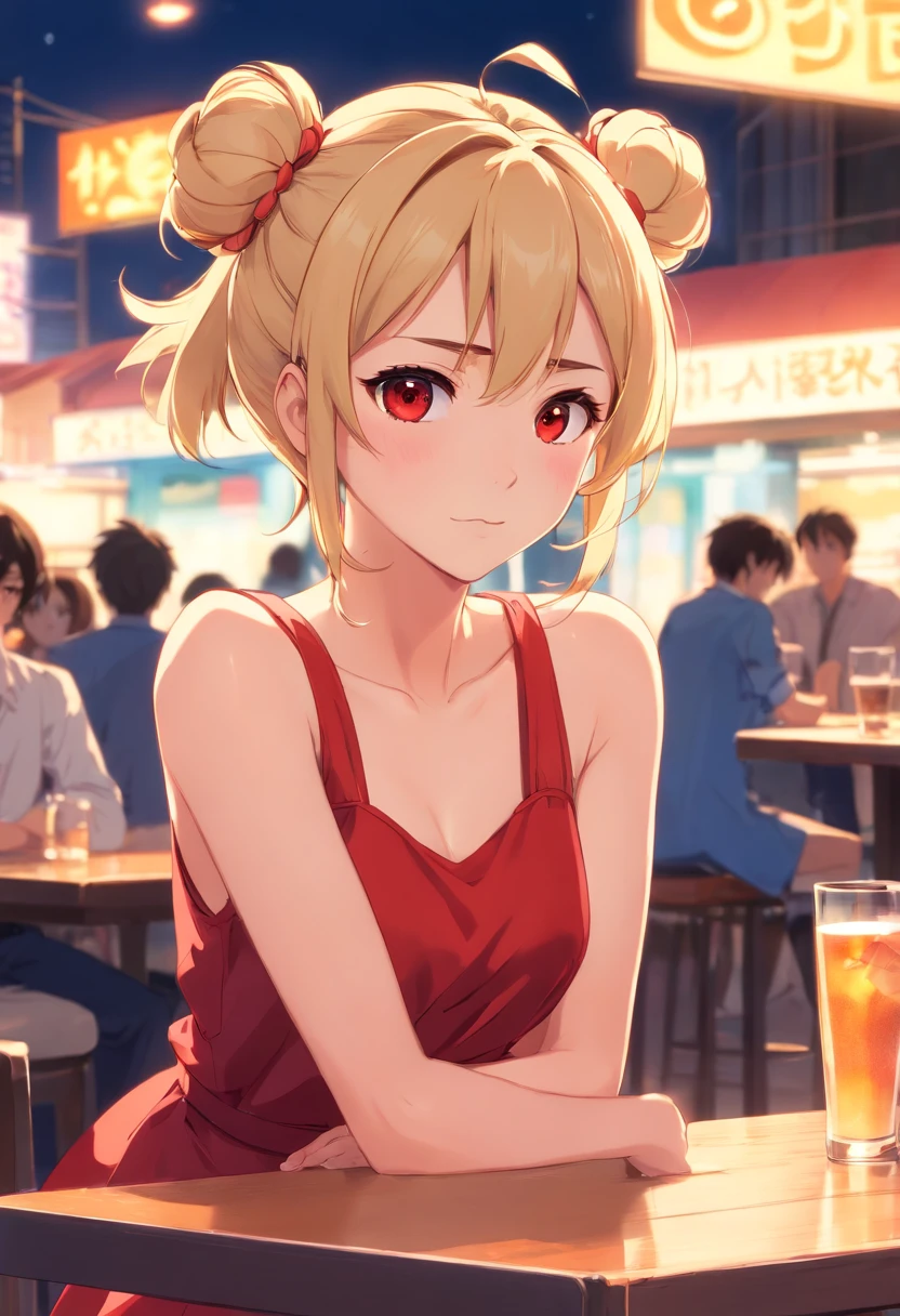 masterpiece, best quality, 1girl, blonde, messy bun hairstyle, red eyes, waiting in a table, sleeveless dress