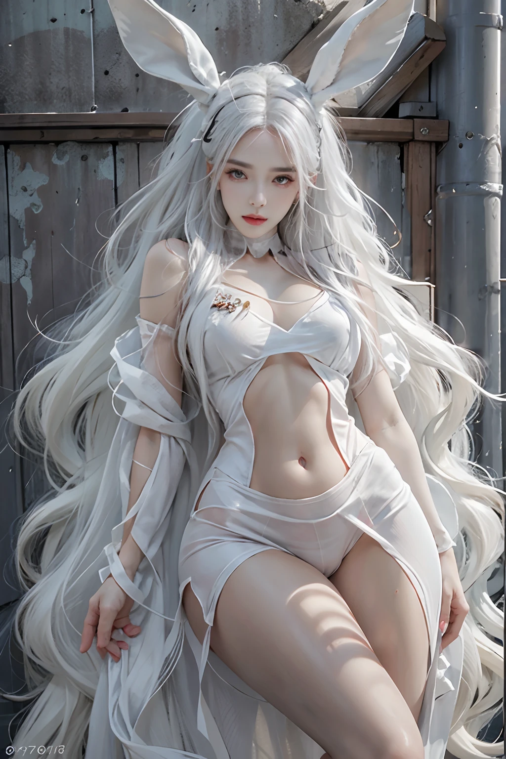 Photorealistic, high resolution, 1womanl, Solo, Hips up, view the viewer, (Detailed face), White hair, Long hair, reverse bunnysuit