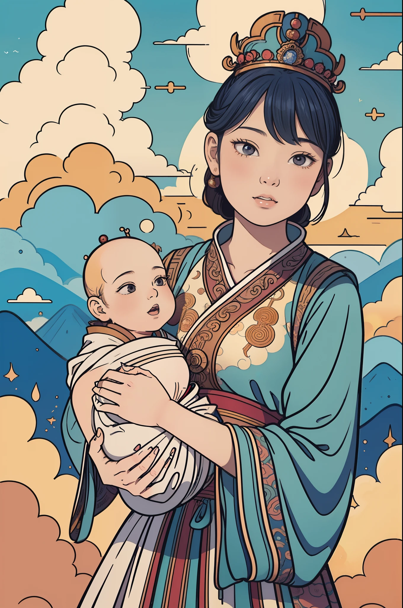 The beautiful 16-year-old Chinese queen holds a (baby prince:1.5) wearing shavings in her arms, Walking, Straight eyes, radiating a brilliant aura, Rosary handle, Crown Team, (Systemic: 2.0), Stand in the cloud, our lady, (full body: 2.0)