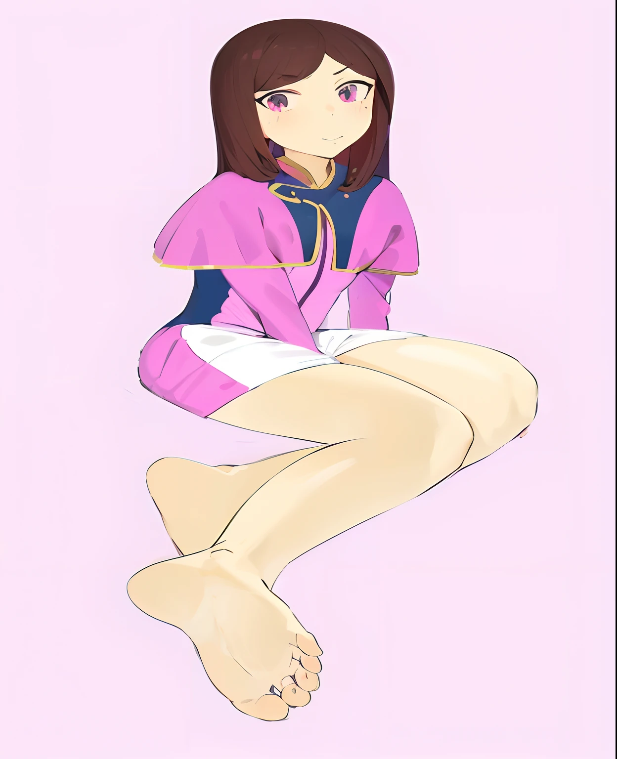 (masutepiece:1.1), (high resolusion:1.2), (Illustration:1.05), (ultra detailed 8k art:1.05), (finely detailed beautiful eye), Perfect face, Bright pupils, Lustrous skin, ,Green eyes, , Black_Belt bag, pink capelet, Pink jacket, white_Shorts,, Long sleeves, fullllbody, blushed, Looking at Viewer, sole, Barefoot soles、Smelly、5 toes、Sole Focus、Open your toes、Bare legged、bare-legged、Hair on long black background、Daji Xiaoye