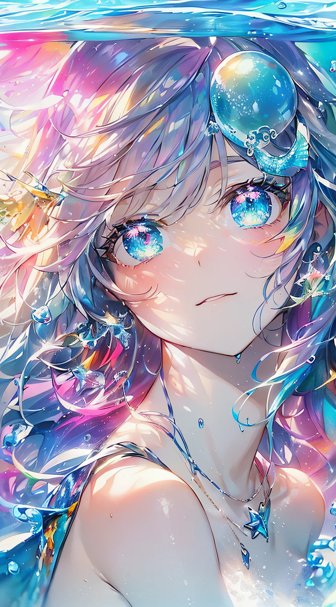 ((Masterpiece, Top quality, water color art (pendant), offcial art, Beautiful and aesthetic: 1.2)), (Golden ratio: 1.2), (full bodyesbian: 1.2), (Ultra detail: 1.3), (1 girl: 1.3), (Fractal art: 1.3), full bodyesbian, (Glitter Pupil)), Pattern, (rainbow colour hair, Colorful hair, Half light blue and half pink hair: 1.2)), Colorful, Writing, (Heterochromia), (Colorful: 1.5), ((swimsuit)), (((Shy face)), ((Tiny micro bikini)), (Standing figure), (Hyper-detailing), (exquisitedetails)), (complexdetails), ((Cinematic light, Top Quality Backlight)), High contrast, ((BEST lighting, Very delicate and beautiful)), ((Cinematic light)), (ray-traced reflection, Shine) (Glowing aura)), ((Glowing aura)), ((Glowing hair)), ((Super detail)), (((8K)), ((Close up)), Delicate beautiful face and eyes,focus onface, Deep sea background,Masterpiece,Detailed splash water, beautiful detailed  water, Shock sensation, (Real: 0.5), Original 2 High Saturation, (Surrounded by colorful splash spots), Colorful bubbles, Glasses, (((mermaid))
