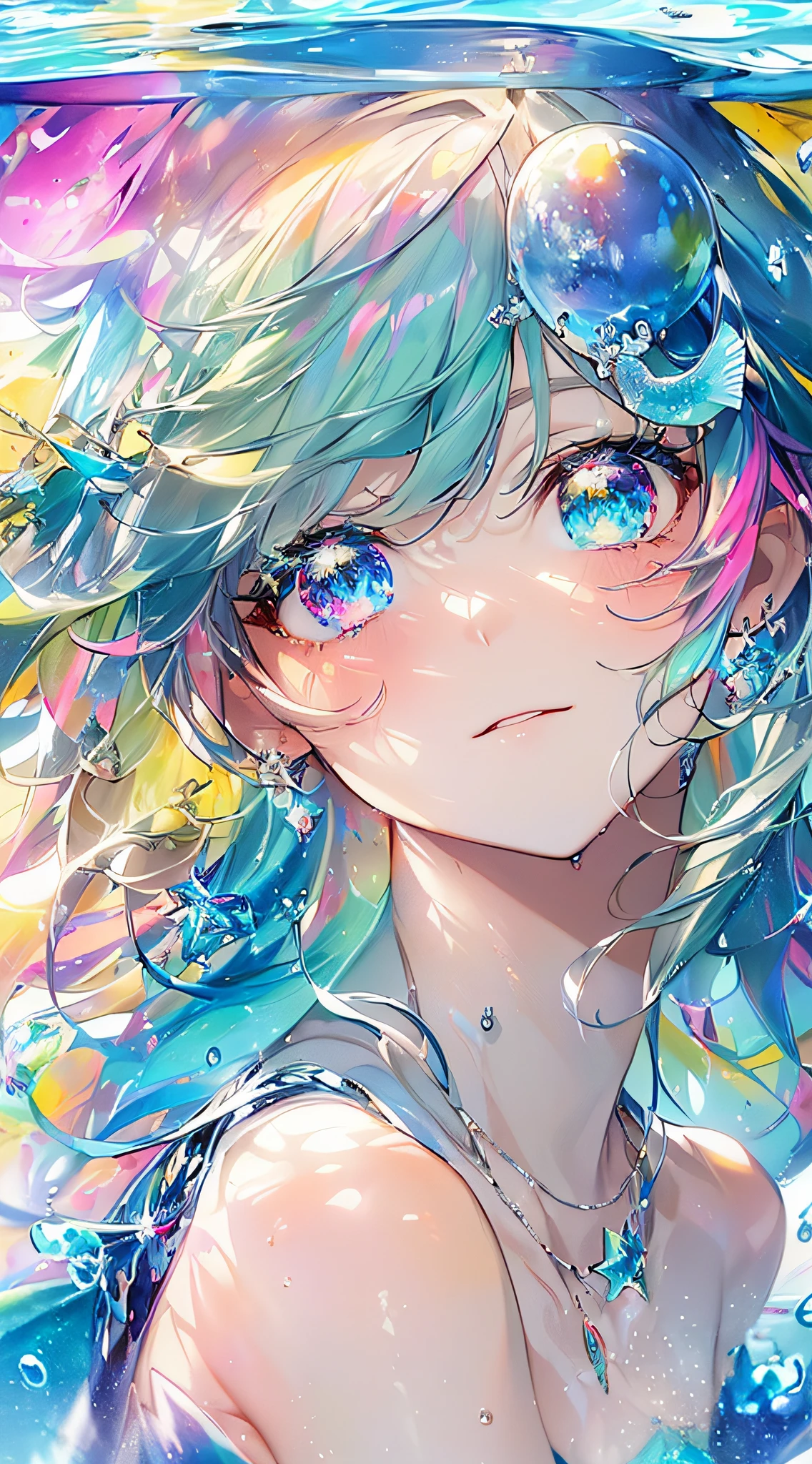 ((Masterpiece, Top quality, water color art (pendant), offcial art, Beautiful and aesthetic: 1.2)), (Golden ratio: 1.2), (full bodyesbian: 1.2), (Ultra detail: 1.3), (1 girl: 1.3), (Fractal art: 1.3), full bodyesbian, (Glitter Pupil)), Pattern, (rainbow colour hair, Colorful hair, Half light blue and half pink hair: 1.2)), Colorful, Writing, (Heterochromia), (Colorful: 1.5), ((swimsuit)), (((Shy face)), ((Tiny micro bikini)), (Standing figure), (Hyper-detailing), (exquisitedetails)), (complexdetails), ((Cinematic light, Top Quality Backlight)), High contrast, ((BEST lighting, Very delicate and beautiful)), ((Cinematic light)), (ray-traced reflection, Shine) (Glowing aura)), ((Glowing aura)), ((Glowing hair)), ((Super detail)), (((8K)), ((Close up)), Delicate beautiful face and eyes,focus onface, Deep sea background,Masterpiece,Detailed splash water, beautiful detailed water, Shock sensation, (Real: 0.5), Original 2 High Saturation, (Surrounded by colorful splash spots), Colorful bubbles, Glasses, (((mermaid))
