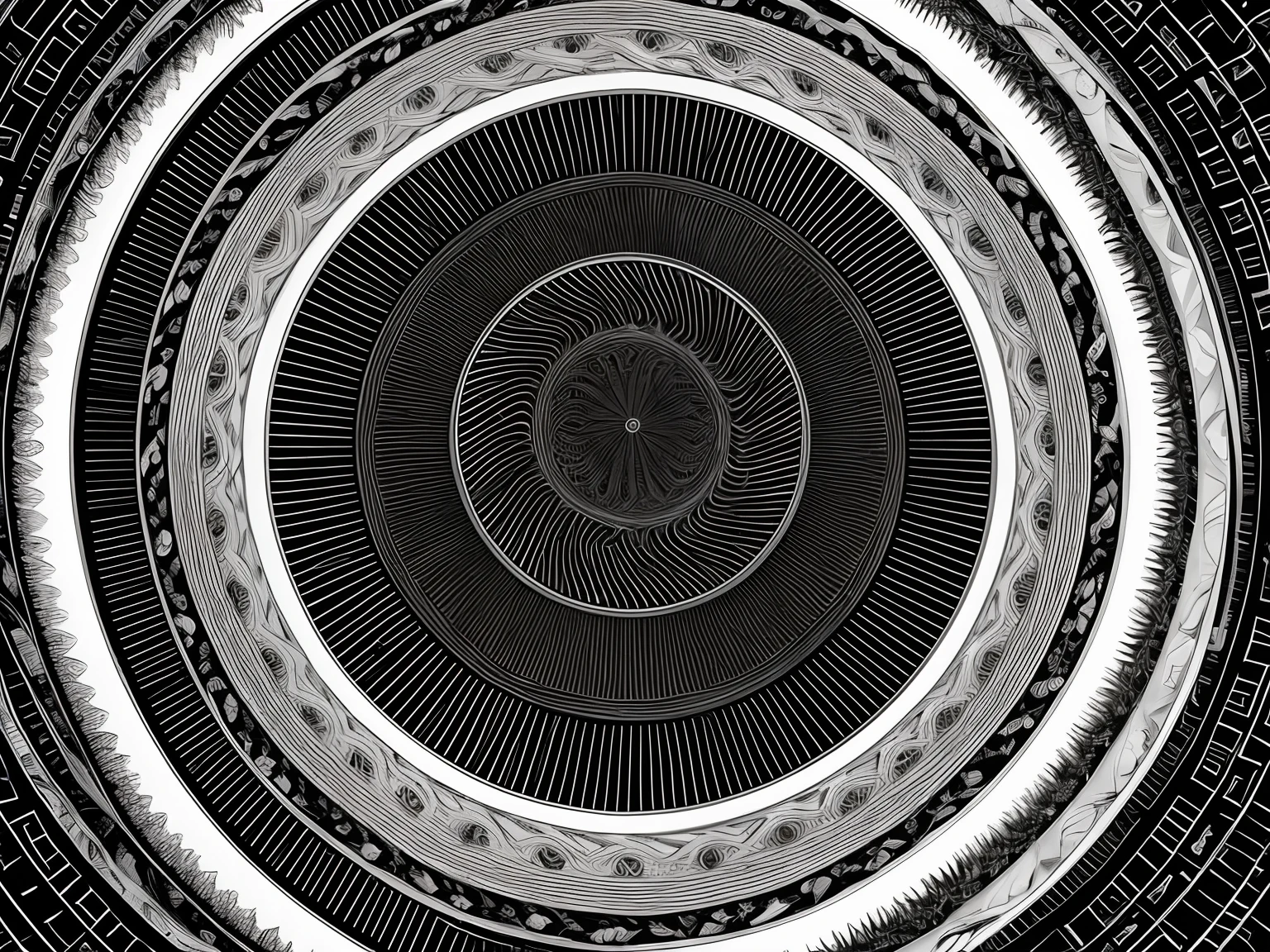 white spiral with black background, illusion, birds-eye-view, symmetrical, cartoon, 8k
