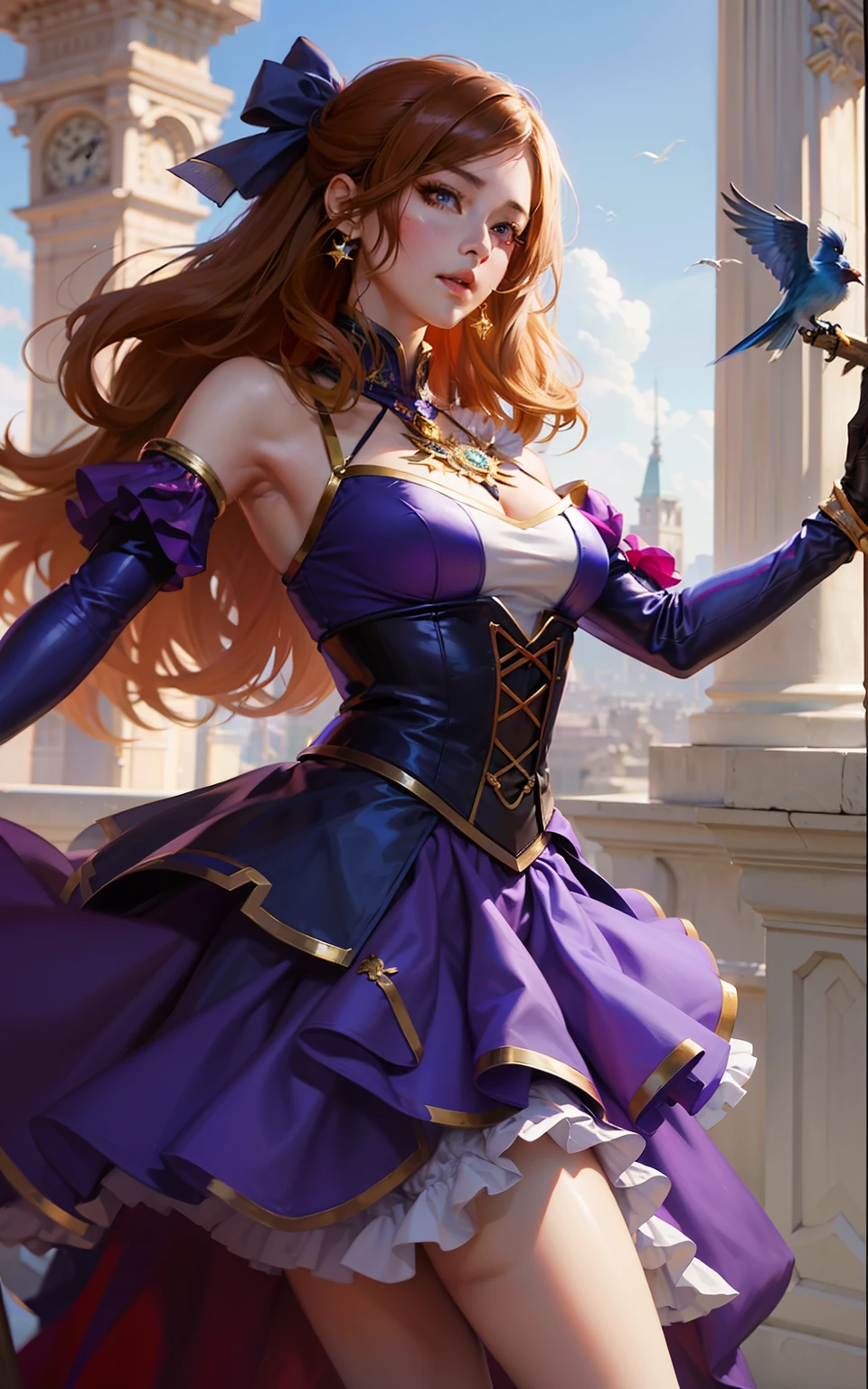 anime girl in purple dress holding a blue bird in her hand, style artgerm, extremely detailed artgerm, cushart krenz key art feminine, ! dream artgerm, miss fortune, artgerm lau, style of artgerm, artgerm on artstation pixiv, royal elegant pose, miss fortune league of legends, orianna