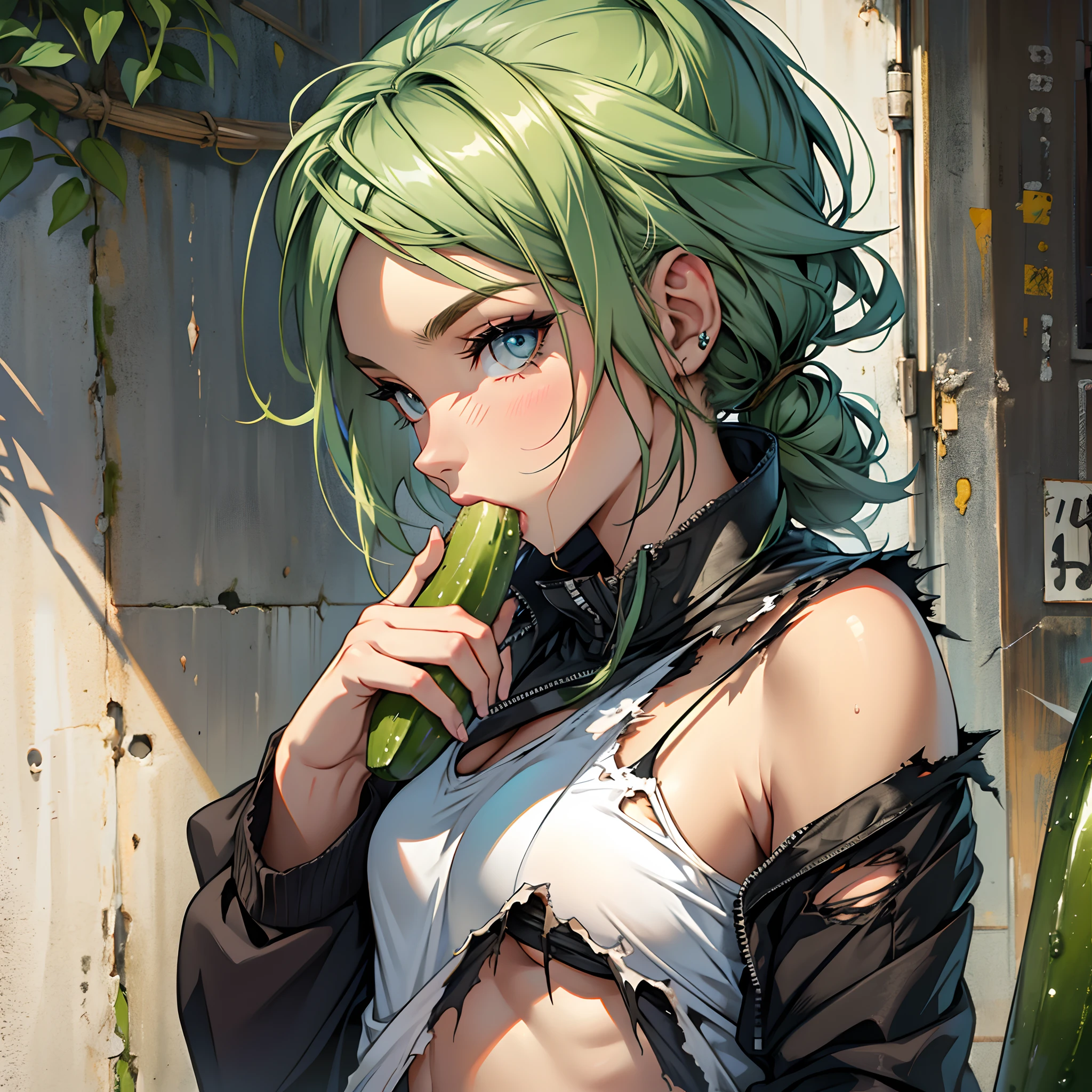 girl with a ripped clothes, licking a cucumber --auto --s2