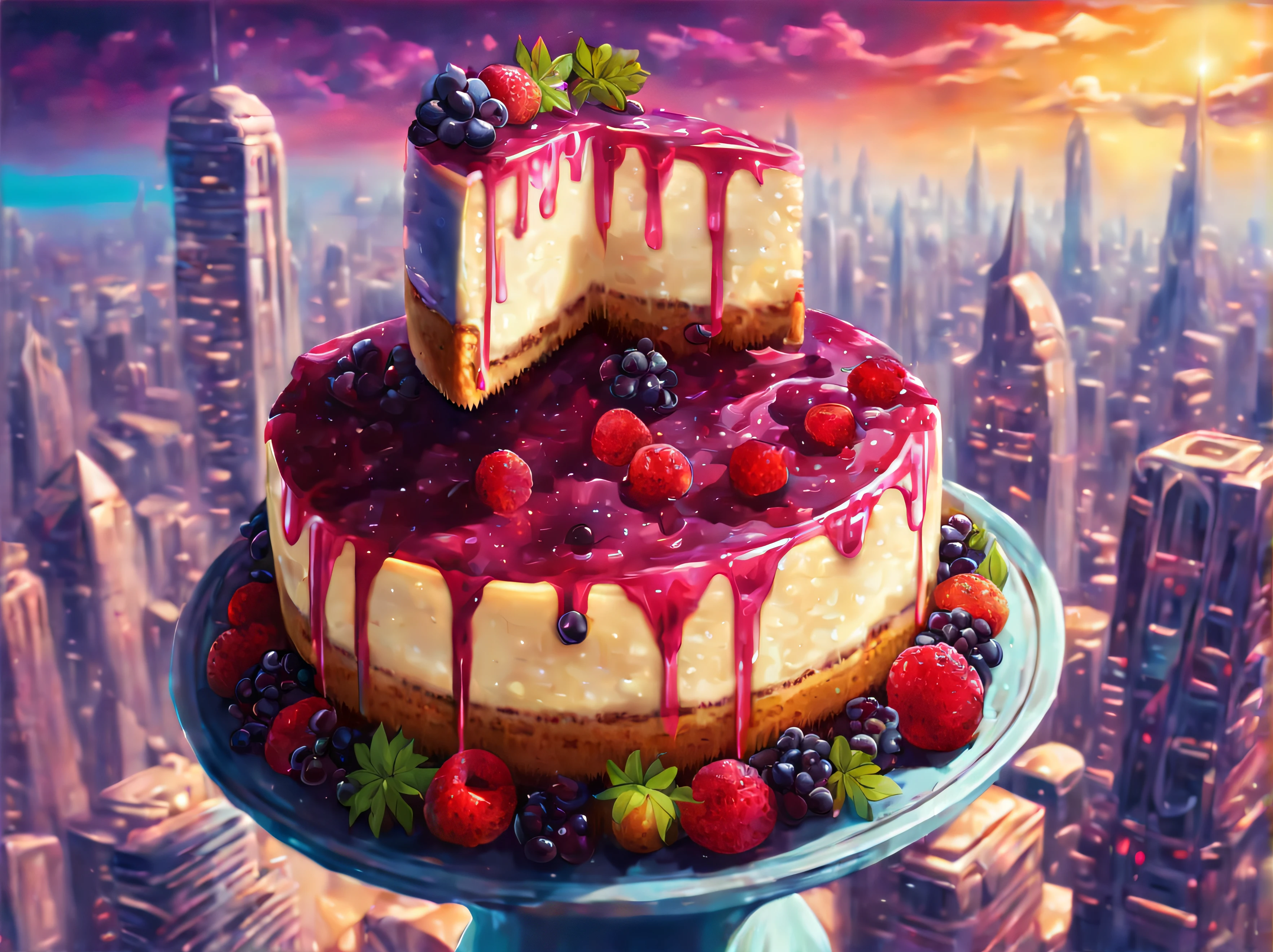 colorful digital painting, distant shot from high angle, giant retrofuturistic city on top of a (delicious cheesecake:1.7) (magical berry taiga), spiky, amidst breathtaking space scenery, gothic