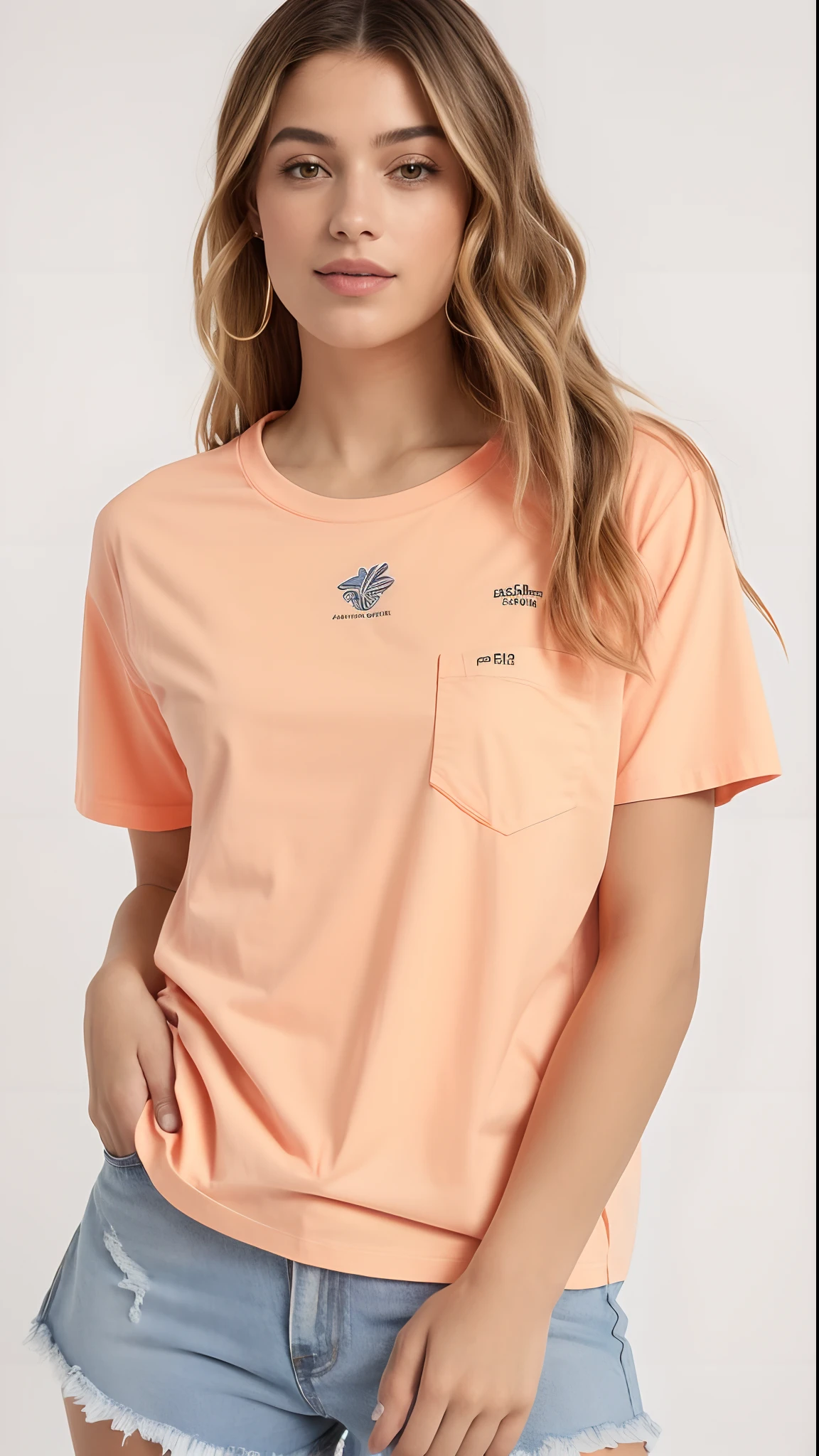 A woman wearing a peach shirt and denim shorts, vestindo uma camiseta laranja, vestindo uma camiseta laranja, camisa rasgada, She's distressed, com corte rasgado t - camisa, perturbado, in shades of peach, Roupas rasgadas, Peach garnish, graphic tees, manchas de sangue na camisa, 1811, 4 0 9 6, amarrado - camisa para cima