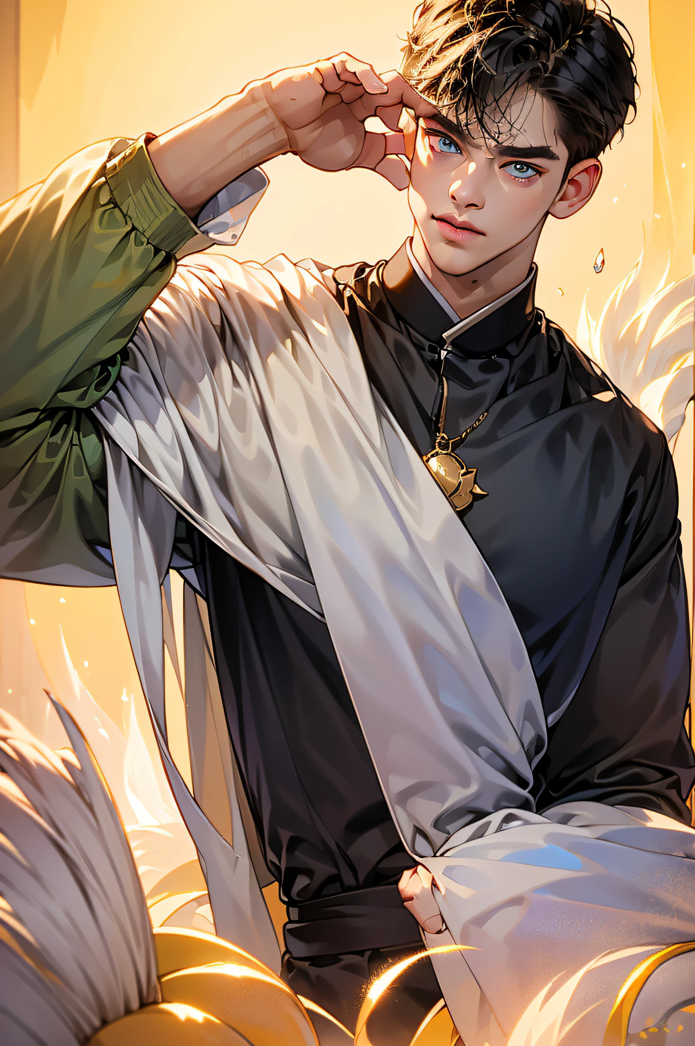 (in 8K、top-quality、masterpiece:1.2)、1 boy、short-haired、Hair short、Brown-skinned、Yellow View、
