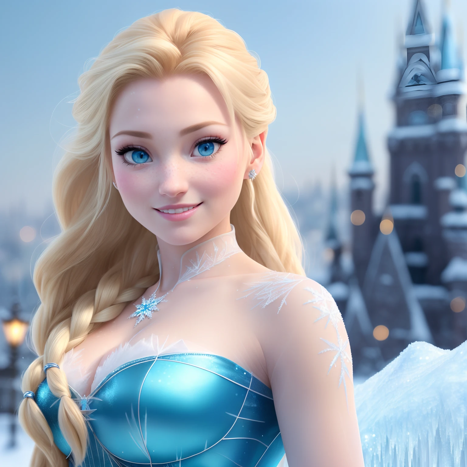 (8k), (best quality), (masterpiece:1.2), (realistic), (photorealistic:1.37), ultra-detailed, elsa, one piece blue, detailed face, ((frozen night city background)), (stands straight), ((perfect female body, skin dentation)), mature female, milf, narrow waist, smile, (full body), sexy legs, blonde | ponytail | wavy, high quality, HDR, 4K, photorealistic, incredible detail of the skin, professional photo