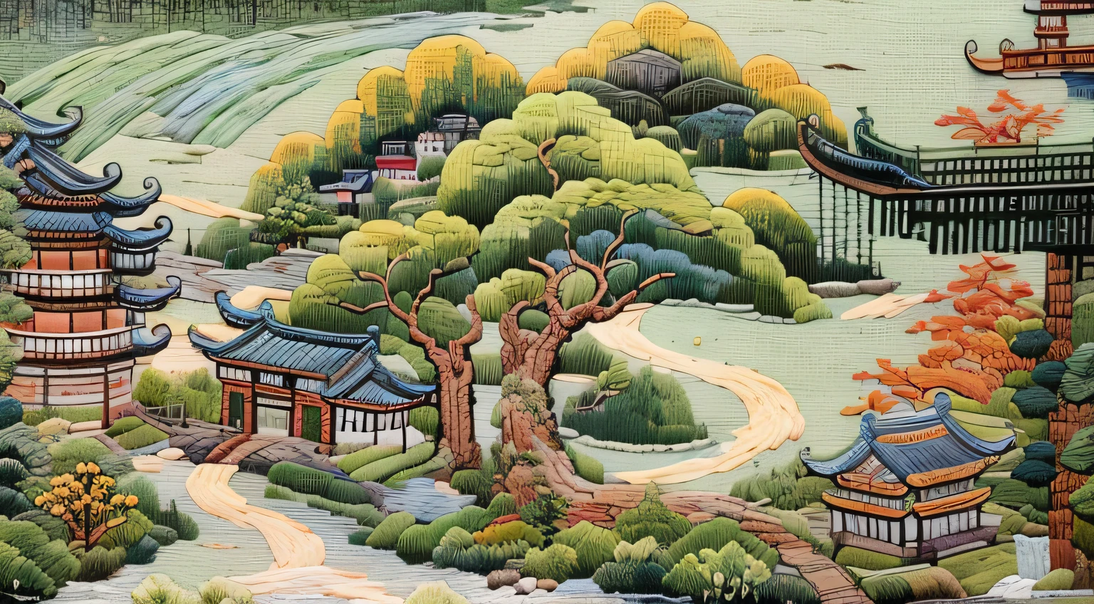 （Cross-stitch landscape，Embroidered landscape），Jiangnan Water Town，Small bridges and flowing water。enviroment：Gangnam Town，small bridge flowing water，Quaint building，Ancient landscape landscape，suns，Sunset，Remnant clouds，Chinese landscape painting OC rendering sculpture