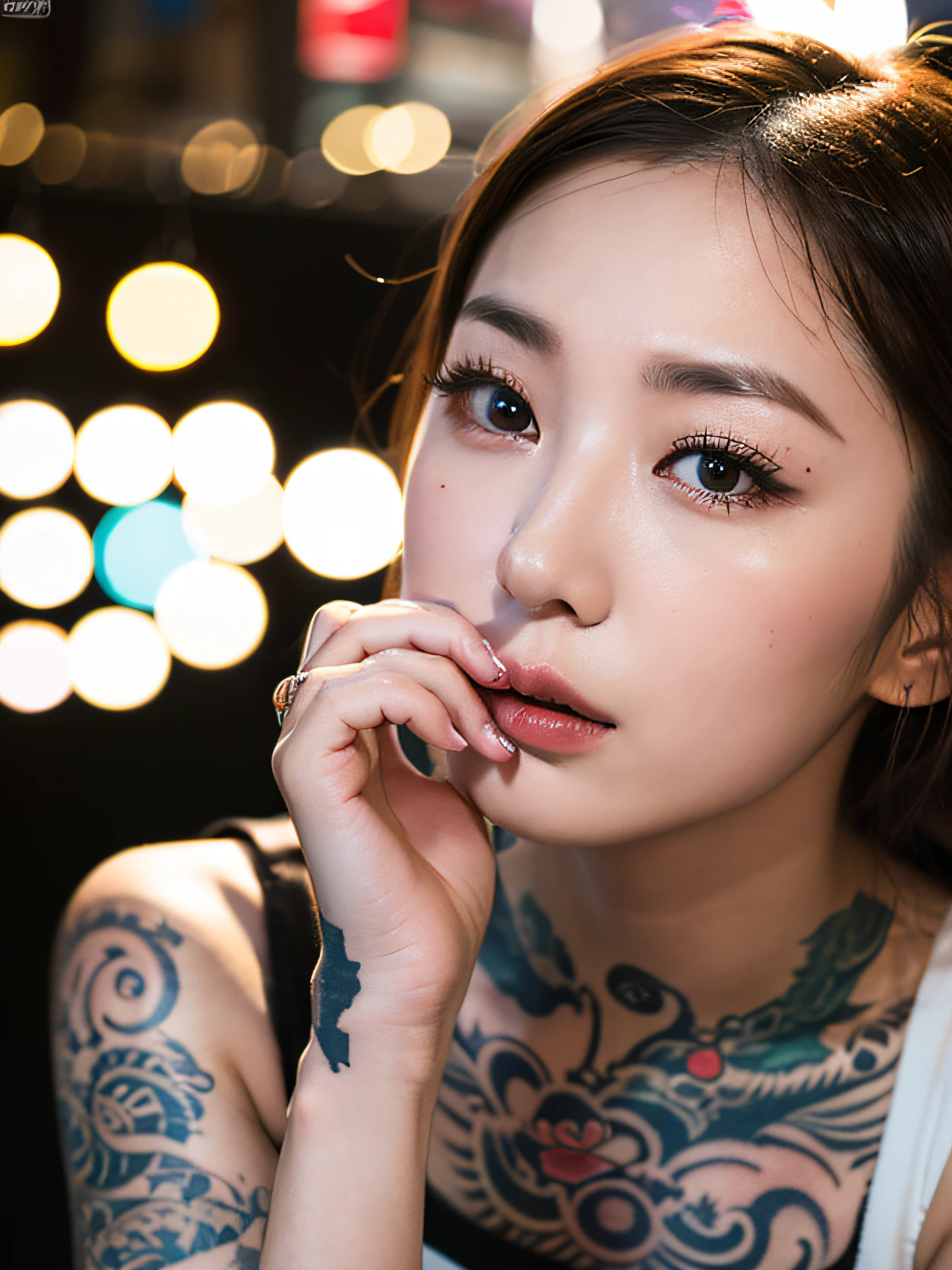Top quality, one beautiful woman, tank top, hands on mouth, medium breast, many tattoos, upper body, 35mm lens, f/1, night market, Taiwan