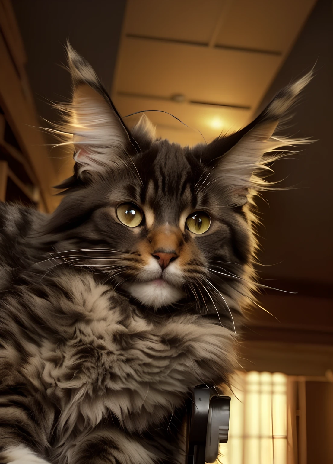 there is a cat that is sitting on a persons lap, maine coon, anthropomorphic large maine coon, short light grey whiskers, serious looking mainecoon cat, by Matthew Smith, by Matt Cavotta, cute furry needs your help, by Julian Hatton, with pointy ears, by Drew Tucker, ear floof, by Linda Sutton, by Brian Thomas