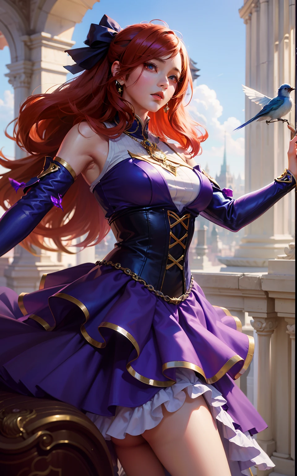 anime girl in purple dress holding a blue bird in her hand, style artgerm, extremely detailed artgerm, cushart krenz key art feminine, ! dream artgerm, miss fortune, artgerm lau, style of artgerm, artgerm on artstation pixiv, royal elegant pose, miss fortune league of legends, orianna