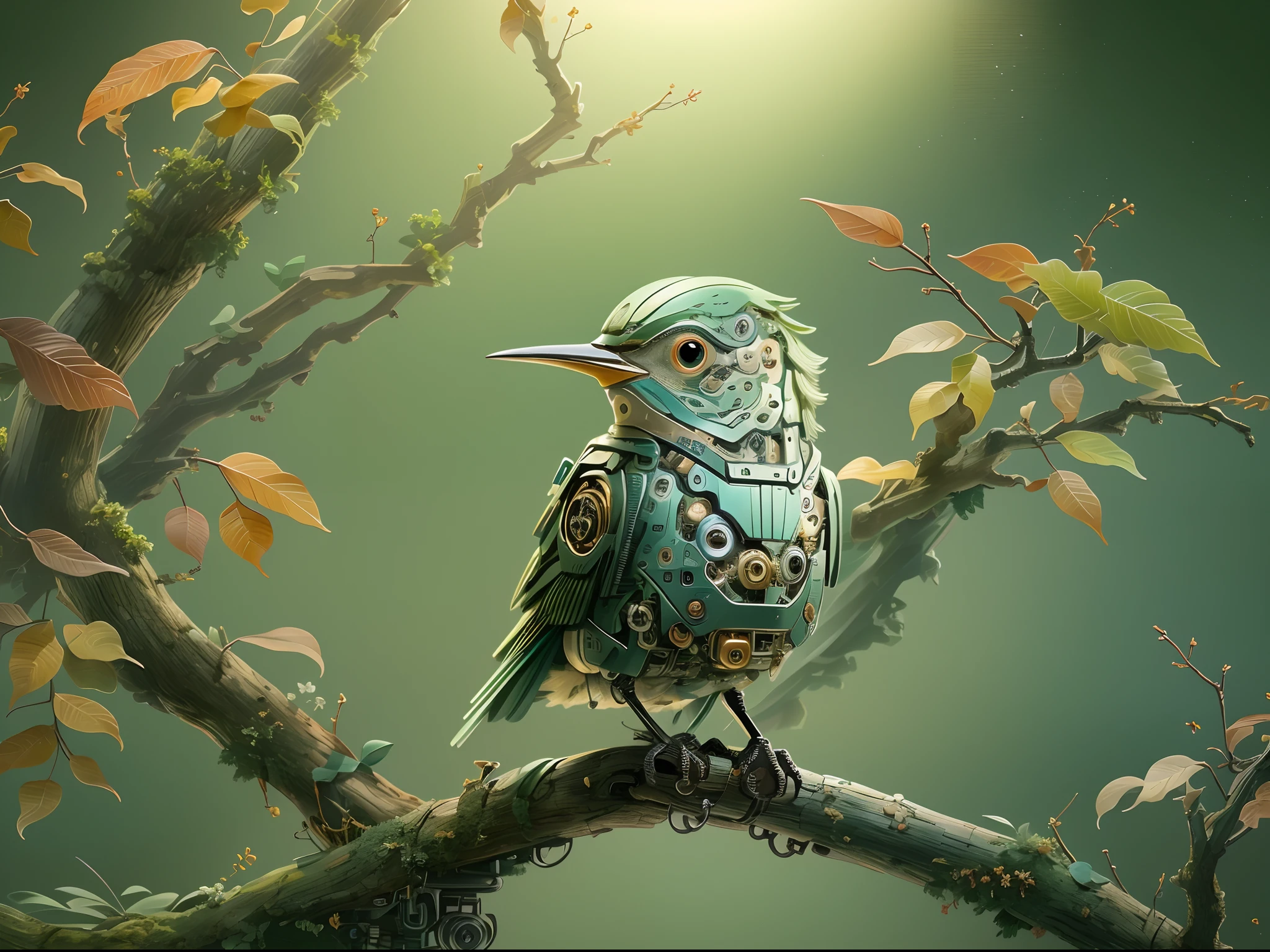 (Best quality,4K,8K,A high resolution,Masterpiece:1.2)。(There is a cute mechanical bird on the branch:1.2),Glowing eyes,sharp beak,。beautifully soft lit, Edge light,Global illumination,exquisitedetails。