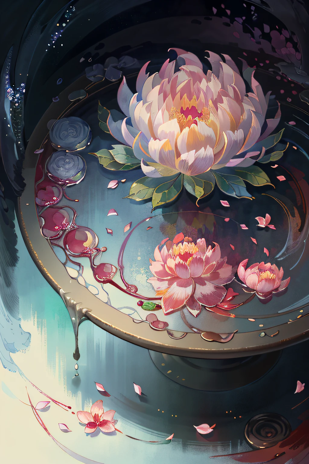 Original，（illustratio：1.1），（best qualtiy），（tmasterpiece：1.1），（the Extremely Detailed CG Unity 8K Wallpapers），（a color：1.8），peony flower，with petals falling，scenecy，rios|Wagas，