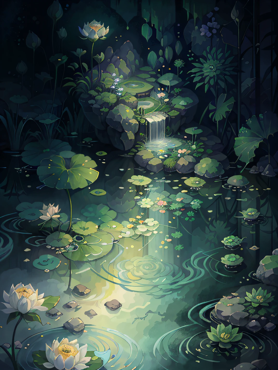 Original,(illustratio:1.1),(best qualtiy),(tmasterpiece:1.1),(the Extremely Detailed CG Unity 8K Wallpapers),(a color:1.2),lotuses,Rockery view,rios|Wagas,