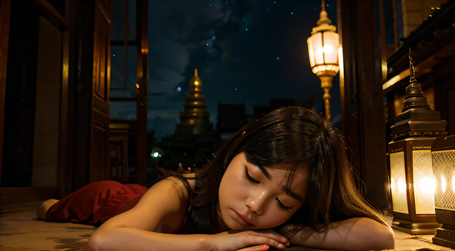 thailand temple, night, girl sleep, galaxy