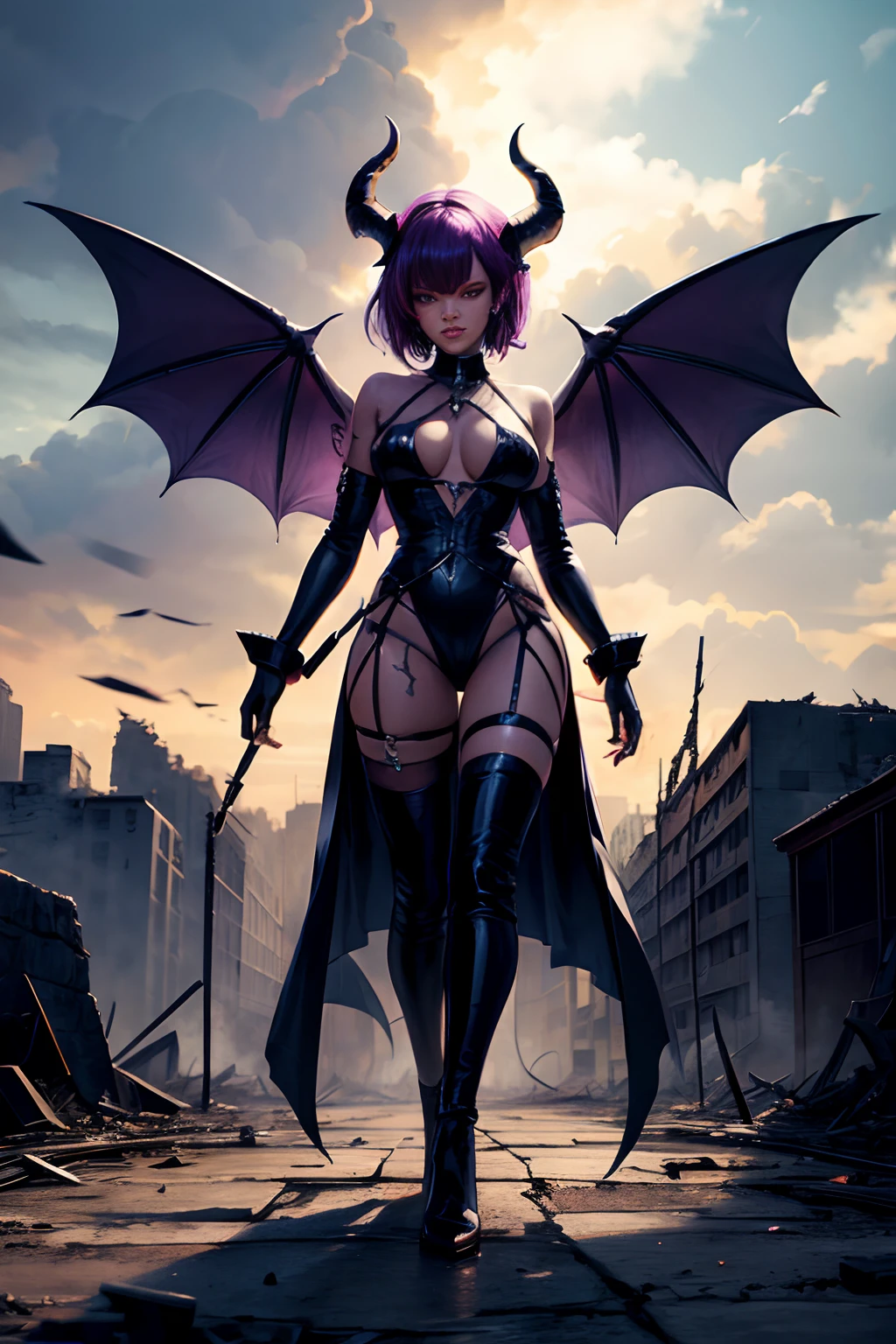 Rihanna hyper-giant, Hyper-powerful demon with two demon horns on his head and demon wings, Purple lightning fire on a building and shatters buildings , ville en ruine post apocalyptique,