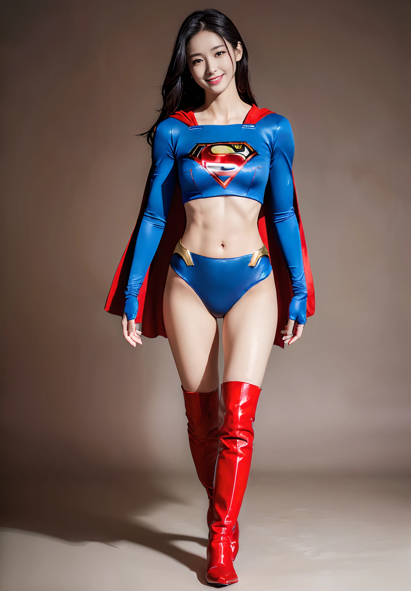 (((Wear black tights on your beautiful legs.)))、(((Tall、tall、beauty legs)))、(((facial expression of smile)))、((((Make the most of the original image)))、(((Supergirl Costume)))、(((beautiful hairl)))、(((Suffering)))、(((Feet must necessarily be worn with black tights)))、(((You need to wear red boots)))、((Top image quality、8K))、((top-quality、8K、masterpiece:1.3))、(((Keep your background simple)))、Crisp focus:1.2、Beautiful woman with perfect body shape:1.4、Slender Abs:1.2、a wet body:1.5、Highly detailed facial and skin texture、8K、Beautiful girl fighting