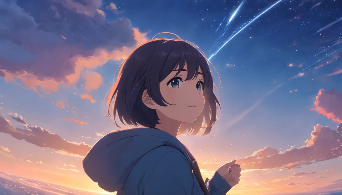 masterpiece、top-quality、Movie stills、1girl in、Dark hair、parka、Cloud Girl、floating in sky、a closeup、with light glowing、Happiness、Warm and soft lighting、starrysky、(Spark:0.7)、Do not photograph hands