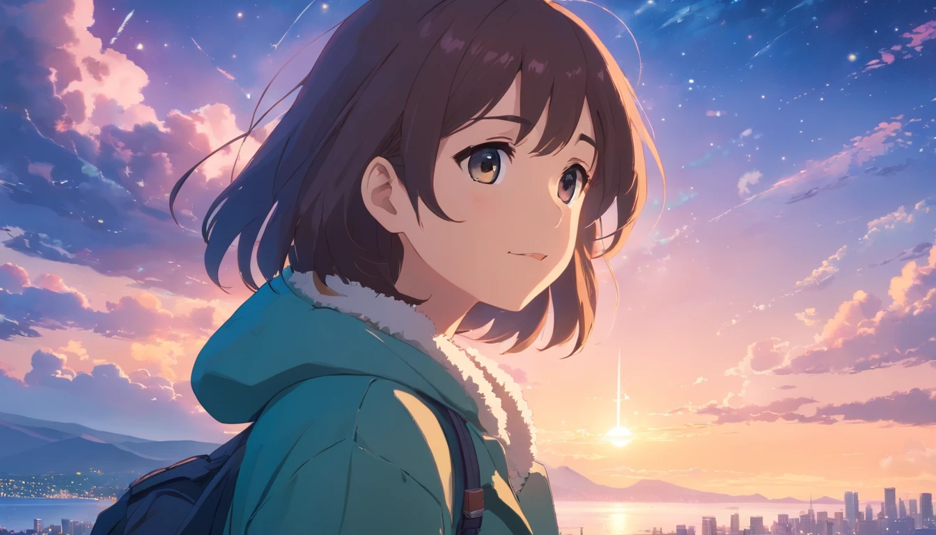 ​masterpiece、top-quality、Movie stills、1girl in、Dark hair、parka、Cloud Girl、floating in sky、a closeup、with light glowing、Happiness、Warm and soft lighting、starrysky、(Spark:0.7)、Do not photograph hands