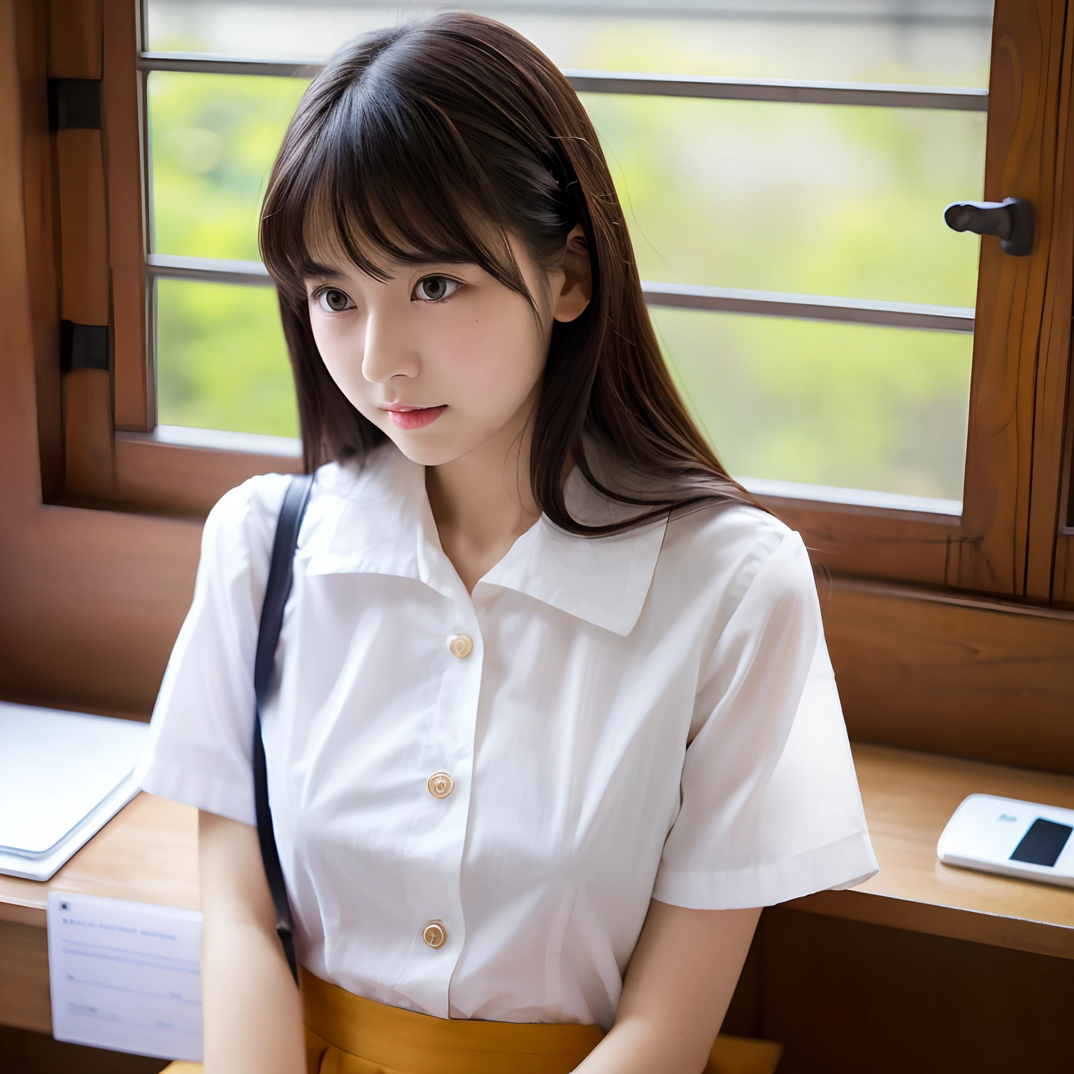 Smaller chest、The upper part of the body、Cute Japan girl in her 20s、Wetty、White blouses、Button is closed、s Office
