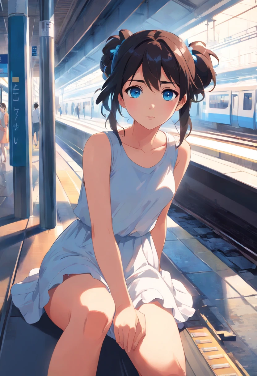 Masterpiece, best quality, 1girl, black and long hair, blue eyes, messy bun hairstyle, wearing sleeveless white dress, waiting in the train station