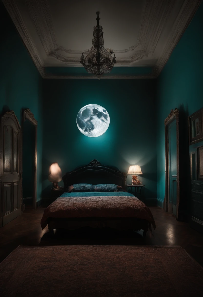 une chambre entier sombre, Illuminated only by horror the moon