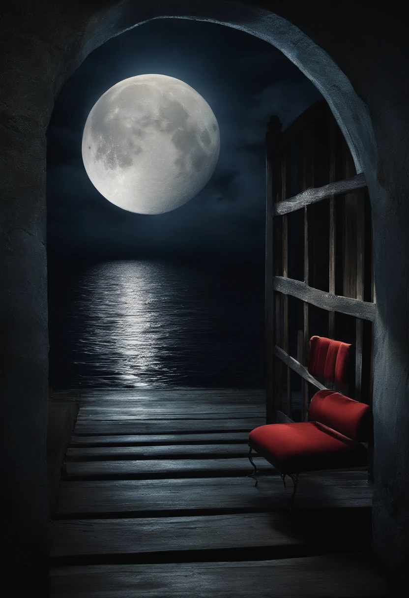 une chambre entier sombre, Illuminated only by horror the moon