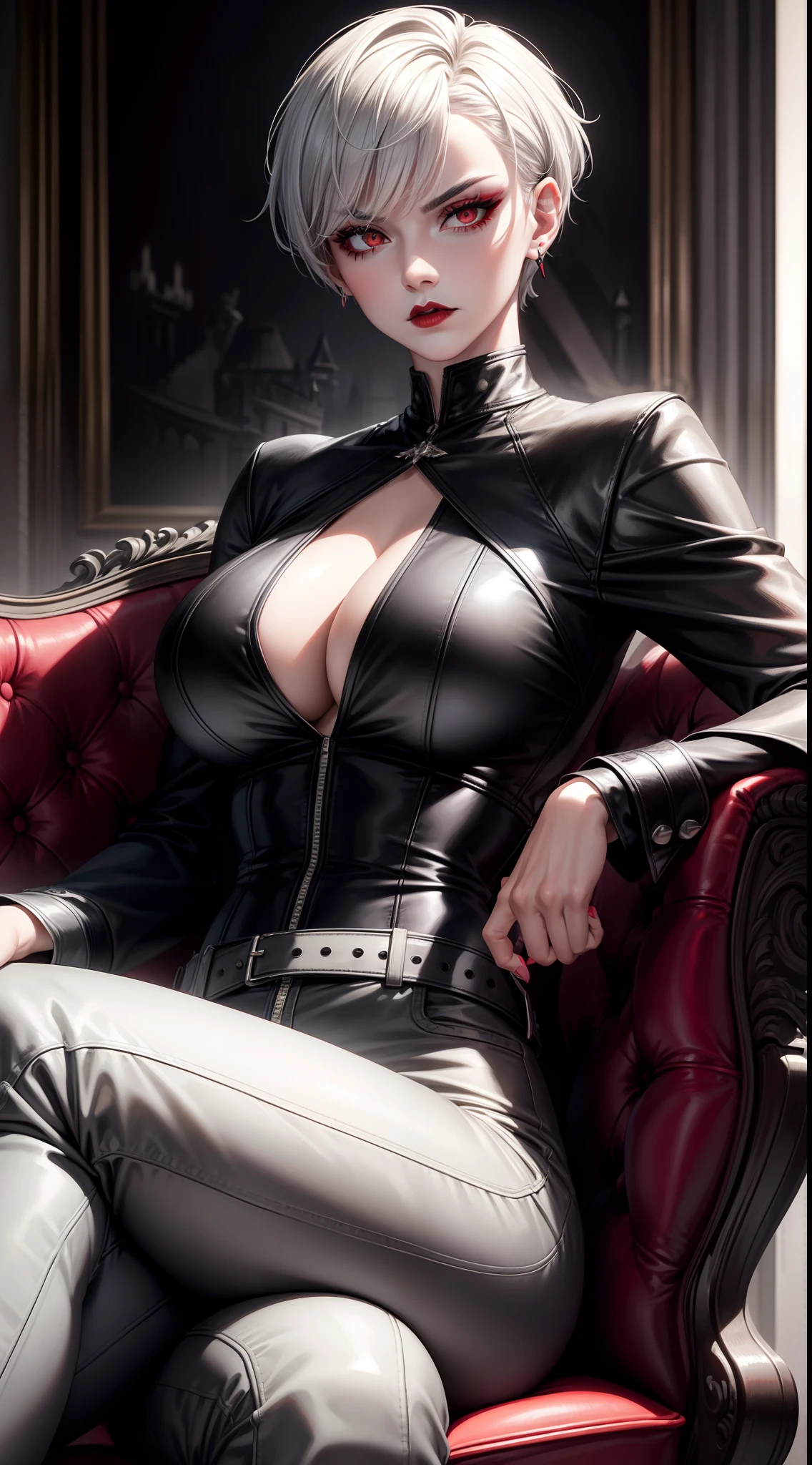 Adult woman, short gray hair, spike hair, red eyes, black eyeshadow, black lipstick, white aristocrat jacket, black tigh pants, large breasts, muscles, claws, castle, sitting on armchair, Masterpiece, hiquality, 4k, HD, Good detail