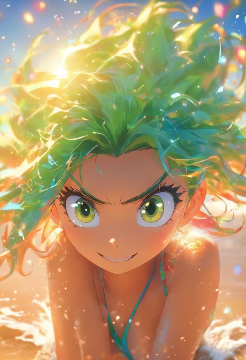A woman in a bikini, Estilo Pixar, no estilo de objetos tridimensionais luminosos, tem um sorriso de desenho animado, com olhos bonitos, pele branca e bochechas cor-de-rosa, A winning photo in the community contest, morango longo, - cabelos coloridos , Espinho, cabelos verde e vermelho muito desordenados, Sentimentos na praia, iridescence/lustro, Imagem realista ultra detalhada, 16K - Estilo Expressivo - Negi 5, best quality, alta qualidade, high resolution, Reinforcement Details