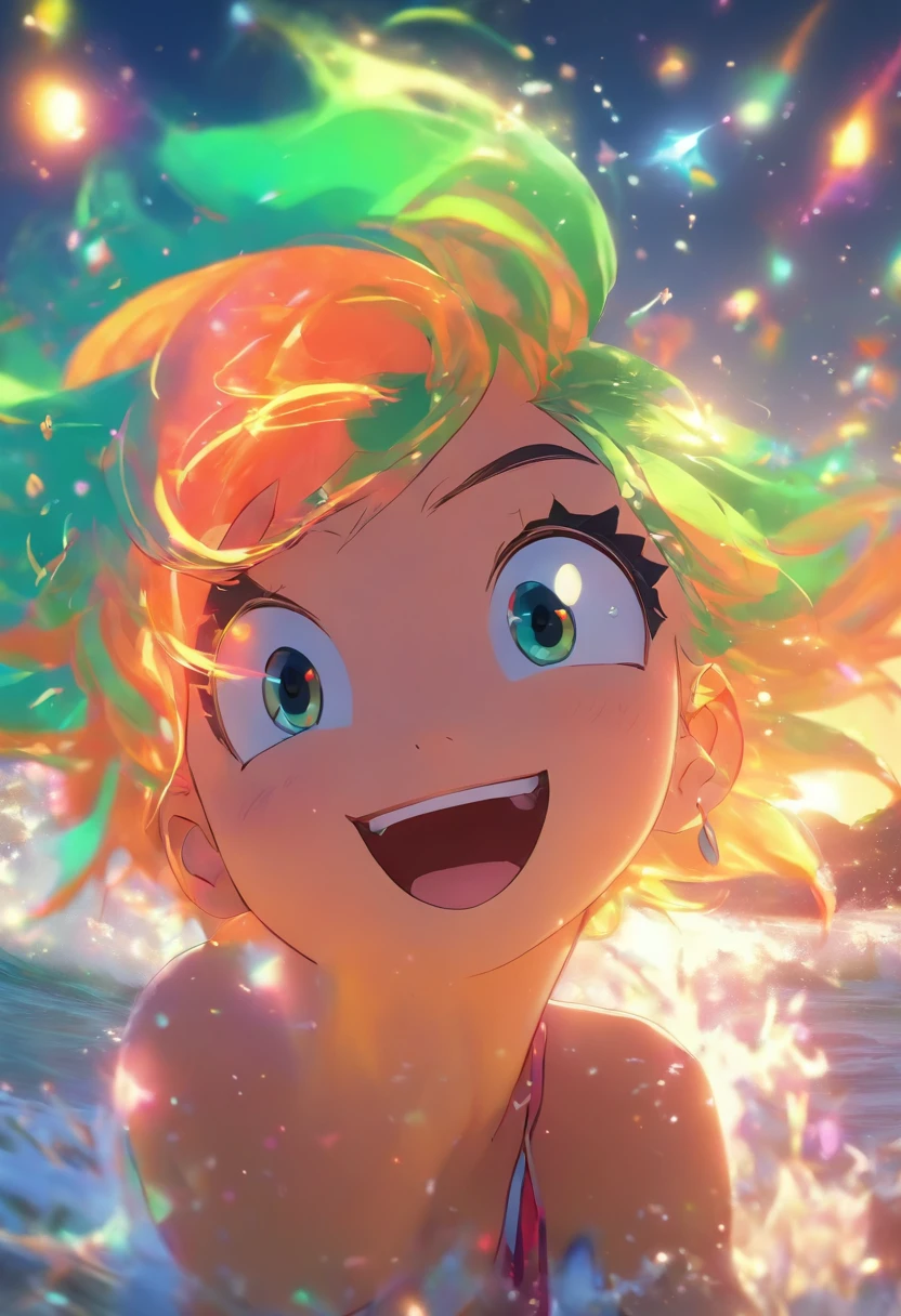 A woman in a bikini, Estilo Pixar, no estilo de objetos tridimensionais luminosos, tem um sorriso de desenho animado, com olhos bonitos, pele branca e bochechas cor-de-rosa, A winning photo in the community contest, morango longo, - cabelos coloridos , Espinho, cabelos verde e vermelho muito desordenados, Sentimentos na praia, iridescence/lustro, Imagem realista ultra detalhada, 16K - Estilo Expressivo - Negi 5, best quality, alta qualidade, high resolution, Reinforcement Details