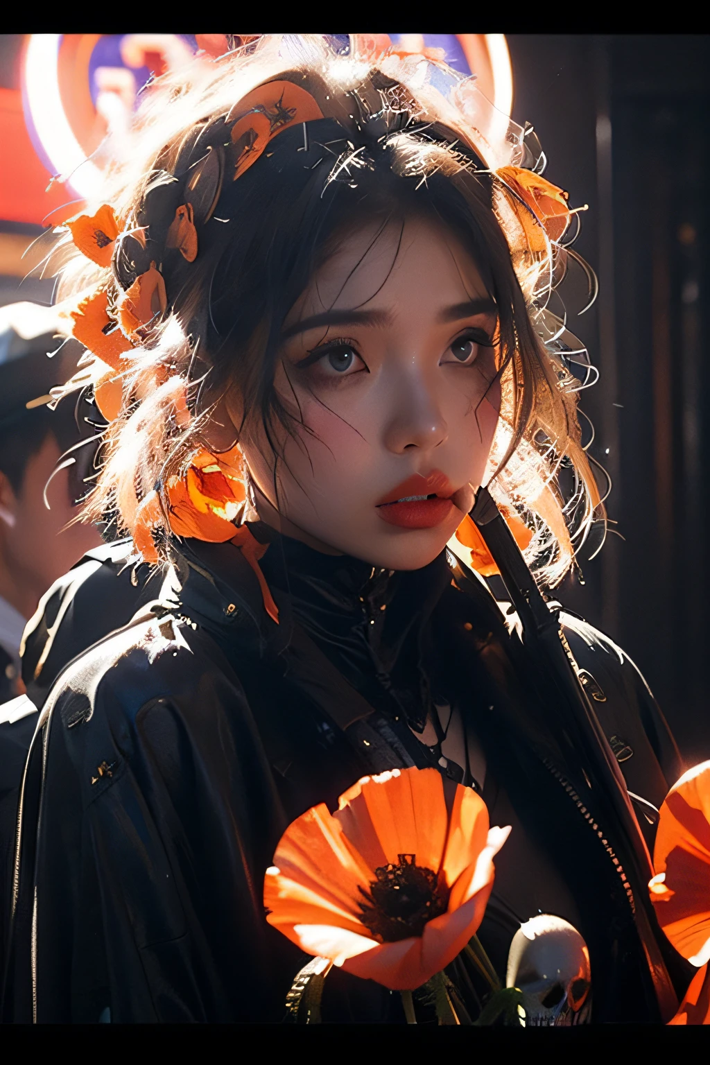 Poppy, Drug, poster for,, detailed character, Art materials, A high resolution, Realistic, Photography, sportrait, Vibrant colors, Dramatic lighting, addiction, awareness campaigns, Engaging composition, Impactful information, Strong expressive skills, warning, Symbolism, Intense emotions,skelleton,propaganda