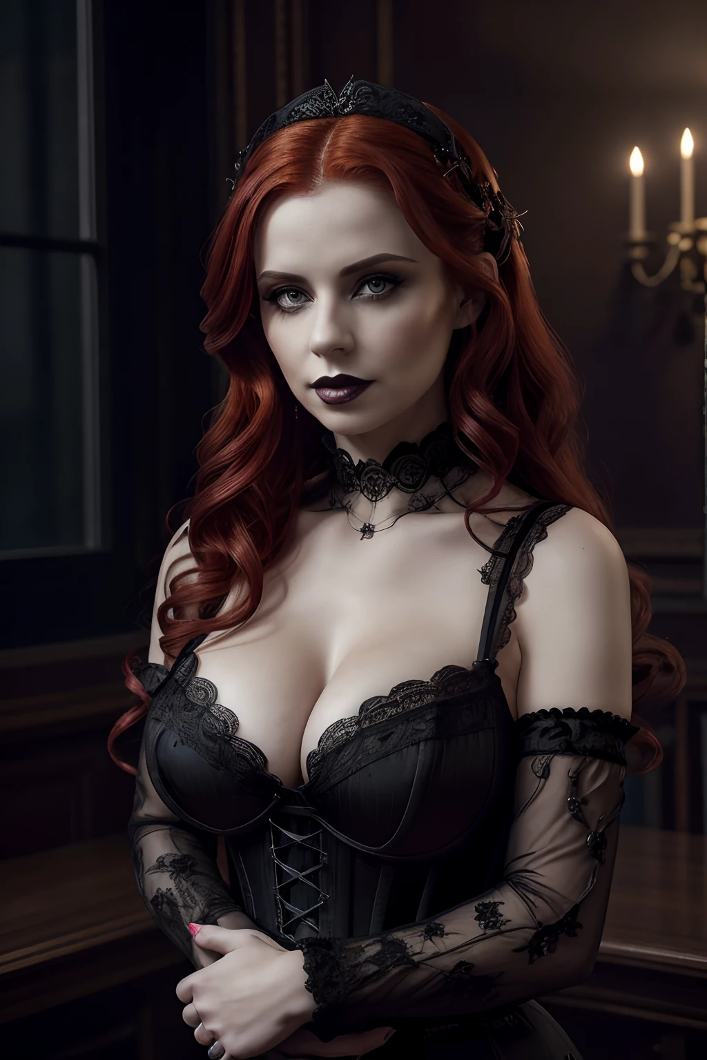 (Best quality, 8k, 32k, Masterpiece, UHD:1.2), Redhead Woman, Gothic, Gothic Woman Black Lipstick, Arms Crossed Without Bra Perfect Breasts, cleavage, disgusted look on her face, eye contact, flowing black lace dress, tight corset
