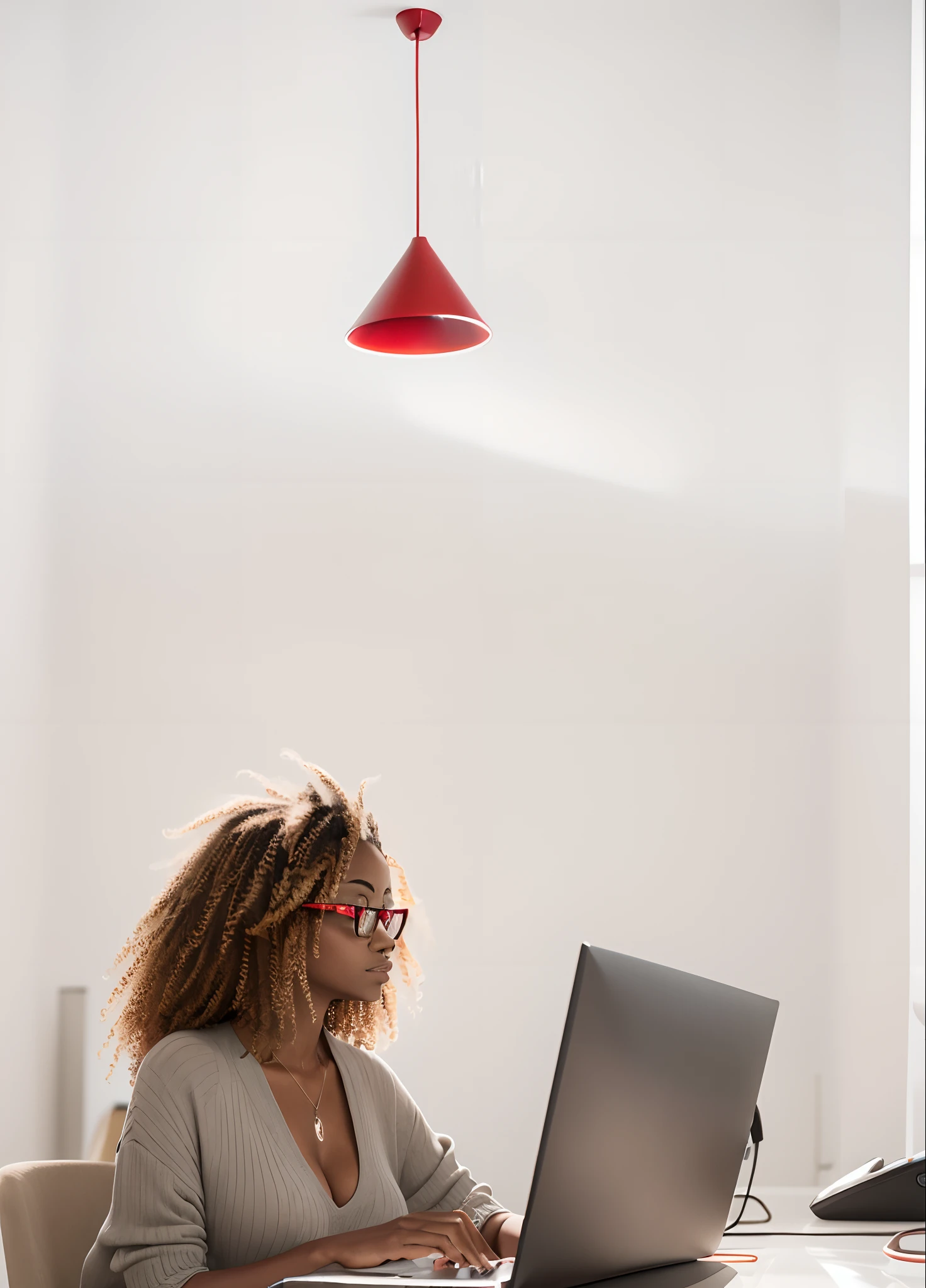Uma mulher negra, mulher angolana, vestido vermelho, roupa social feminina vermelha, Luxury office, teclado apple, Monitore a Apple, mulher elegante. Reflection monitor on your prescription glasses with slim bezels, in a large upscale office with white walls and beige and red decorative light fixtures, The woman is sitting in front of a computer and intently observing the information on a large monitor.