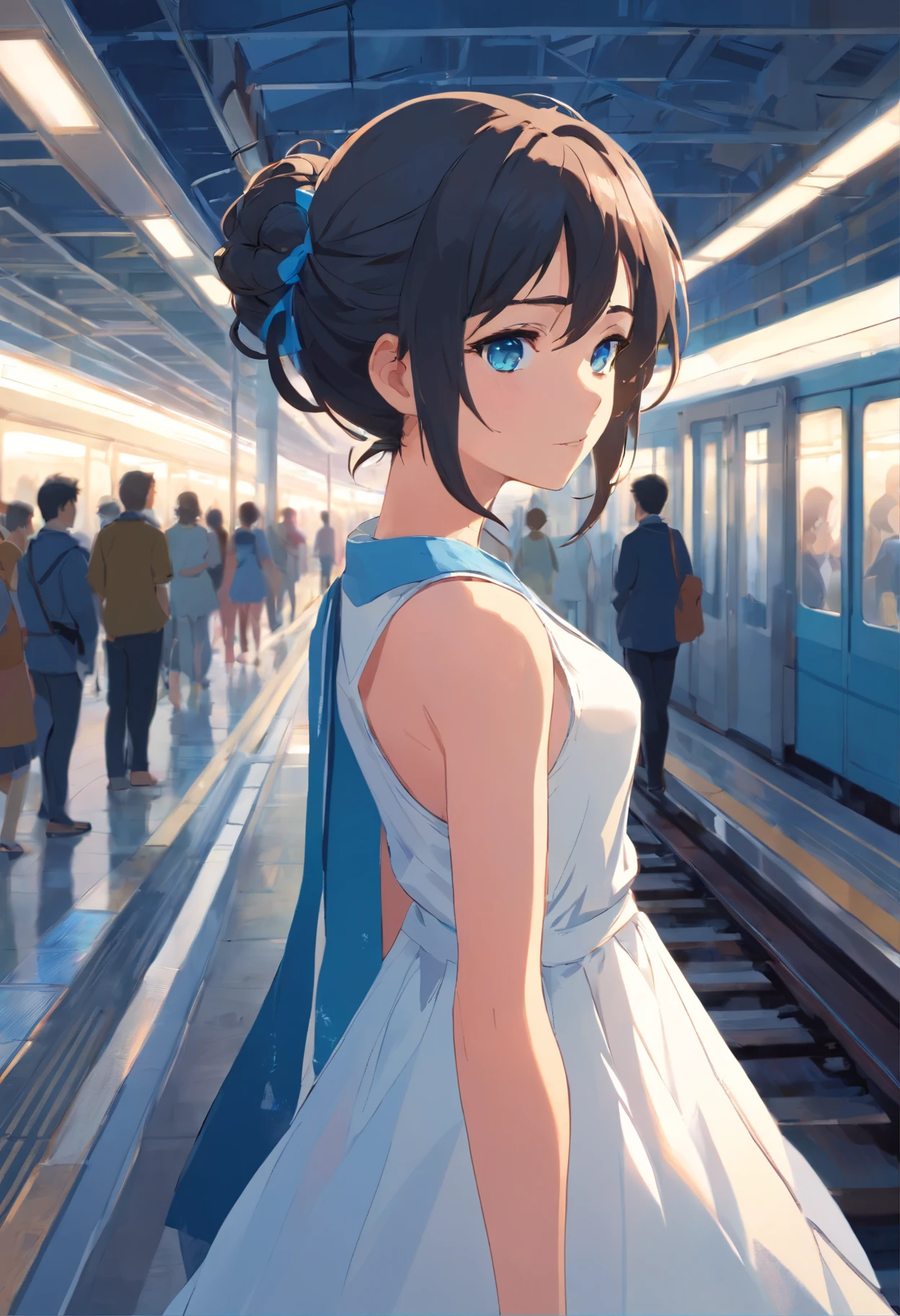 Masterpiece, best quality, 1girl, black and long hair, blue eyes, messy bun hairstyle, wearing sleeveless white dress, waiting in the train station