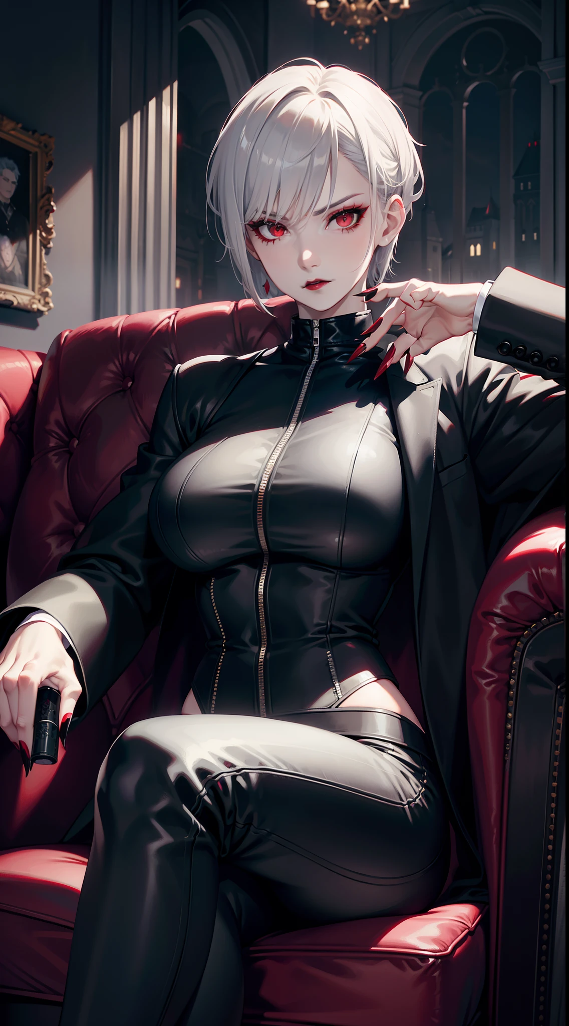 Adult woman, short gray hair, spiked hair, red eyes, black eye shadow, black lipstick, White aristocrat jacket, black tight pants, large breasts, musculature, claws, lock, sits on a chair, Masterpiece, hiquality, 4k, HD, Good detail